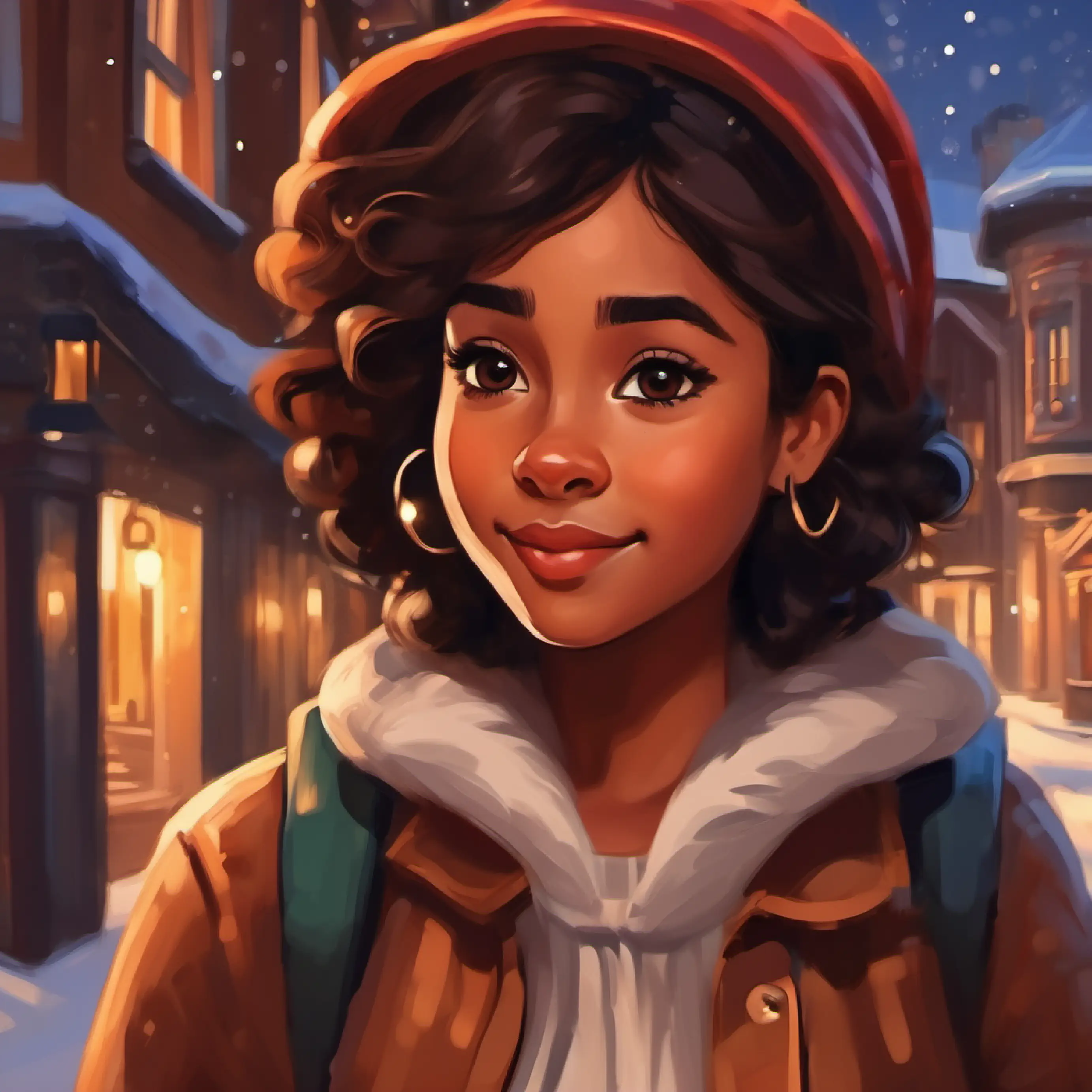 Cheerful girl, brown skin, dark brown eyes walking home, thoughtful expression.