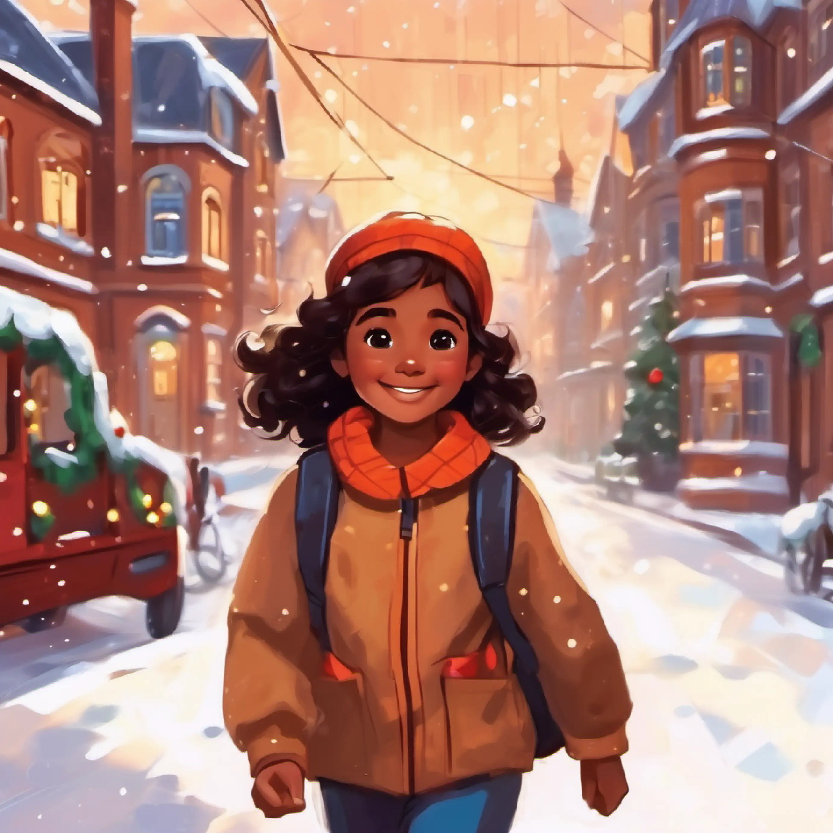 Cheerful girl, brown skin, dark brown eyes walking to school, sees other children.