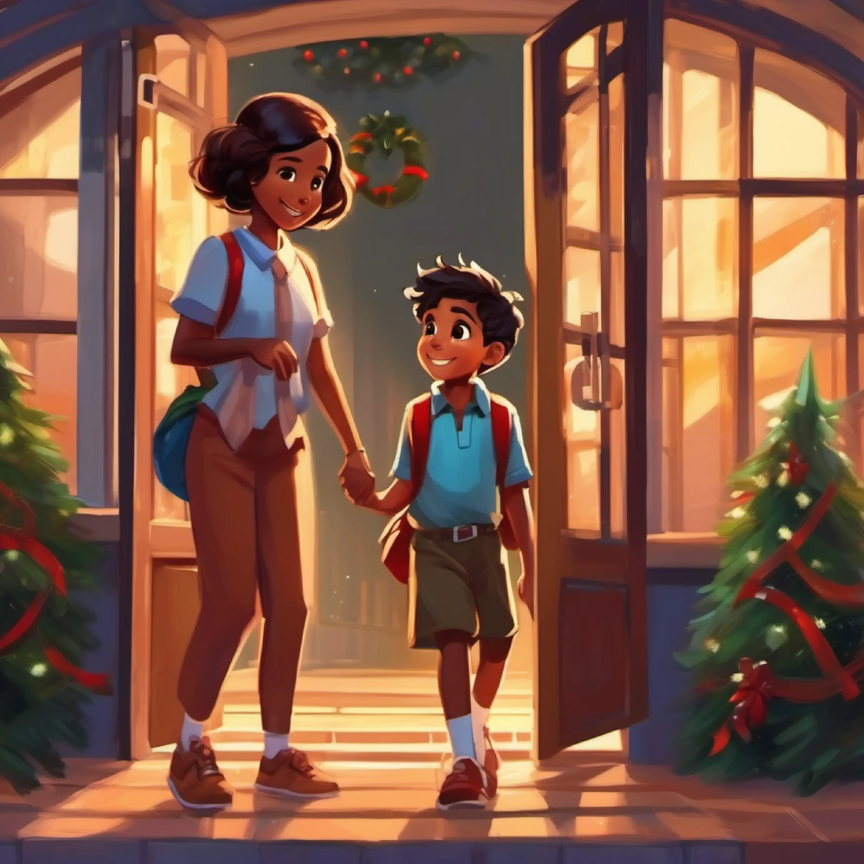 Cheerful girl, brown skin, dark brown eyes helping a boy at school entrance.
