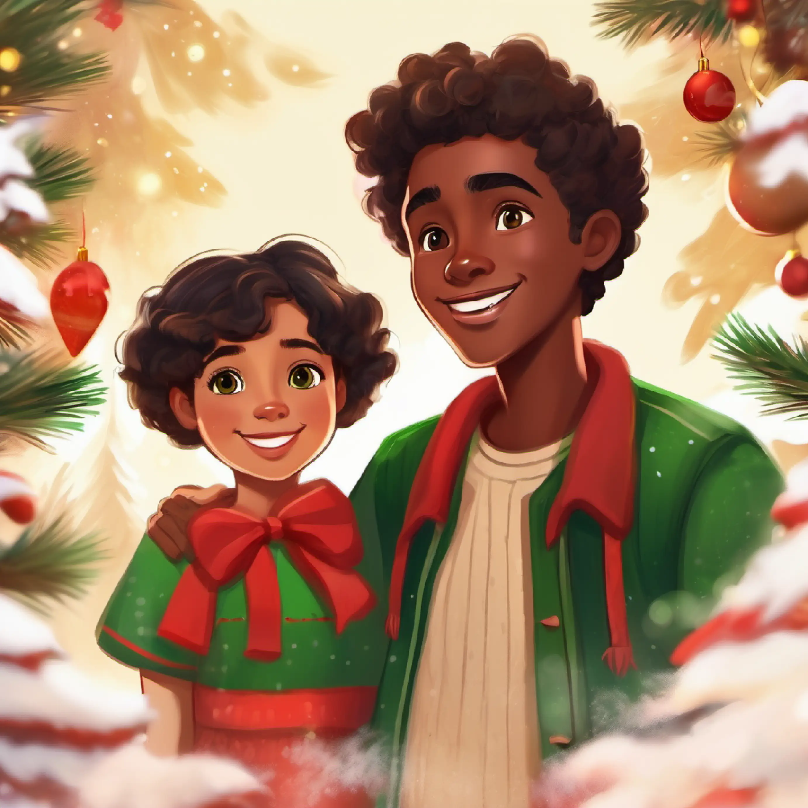 Cheerful girl, brown skin, dark brown eyes and Friendly boy, light skin, green eyes talking, first meeting.