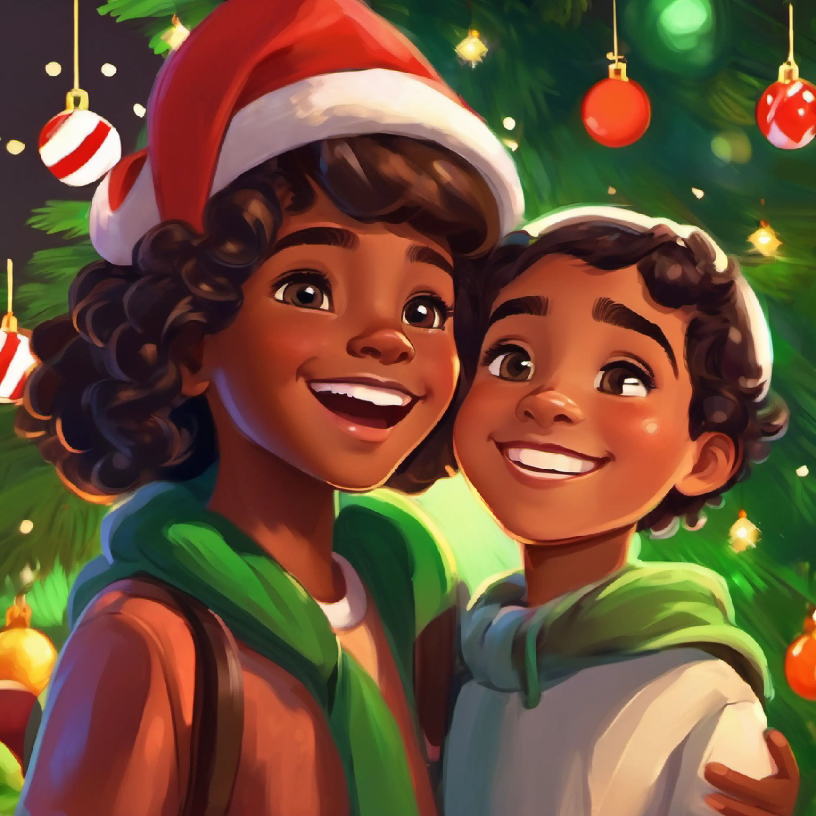 Cheerful girl, brown skin, dark brown eyes introducing herself to Friendly boy, light skin, green eyes.