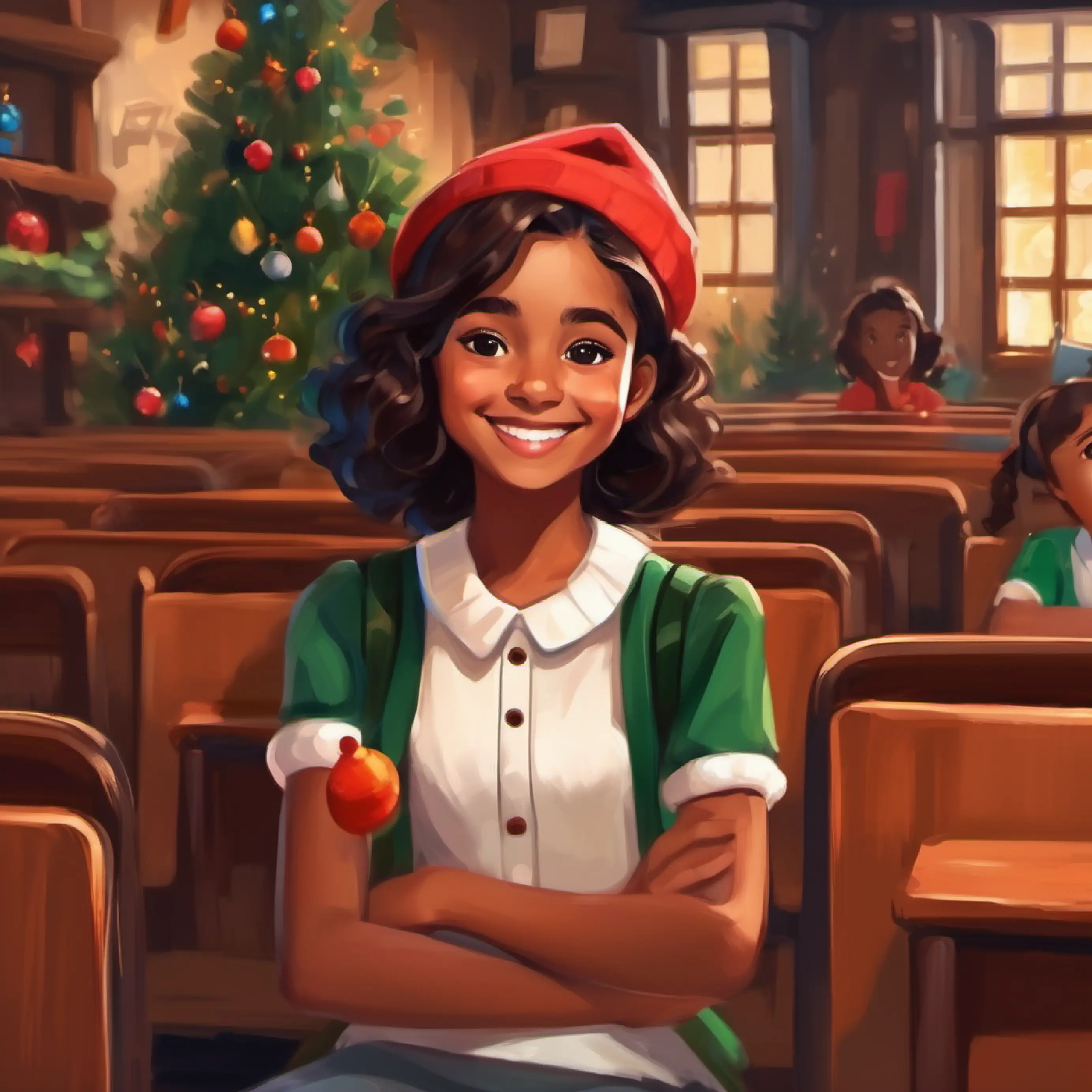 Classroom setting, Cheerful girl, brown skin, dark brown eyes finding a seat.