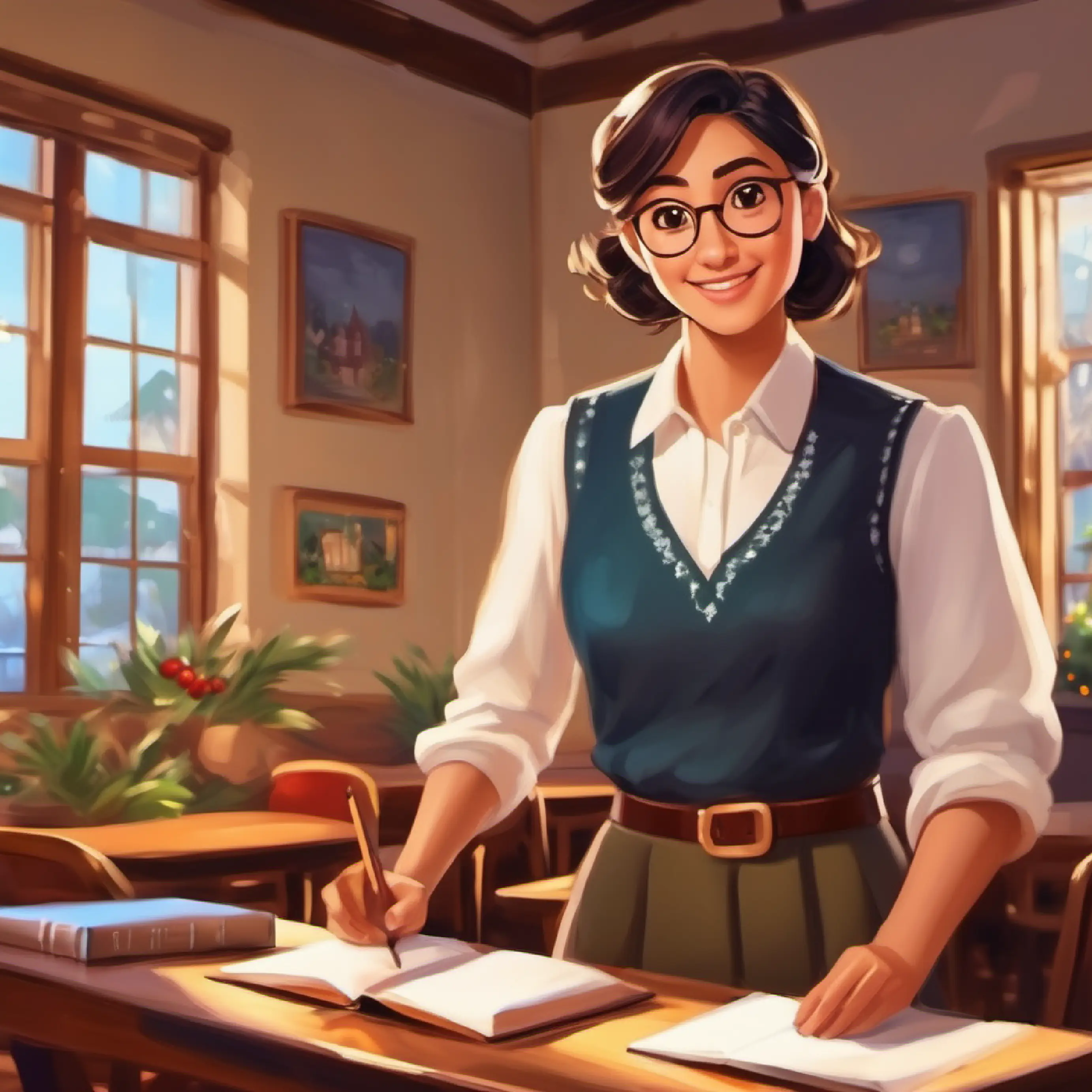 Kind teacher, olive skin, brown eyes, the teacher, welcoming the class.