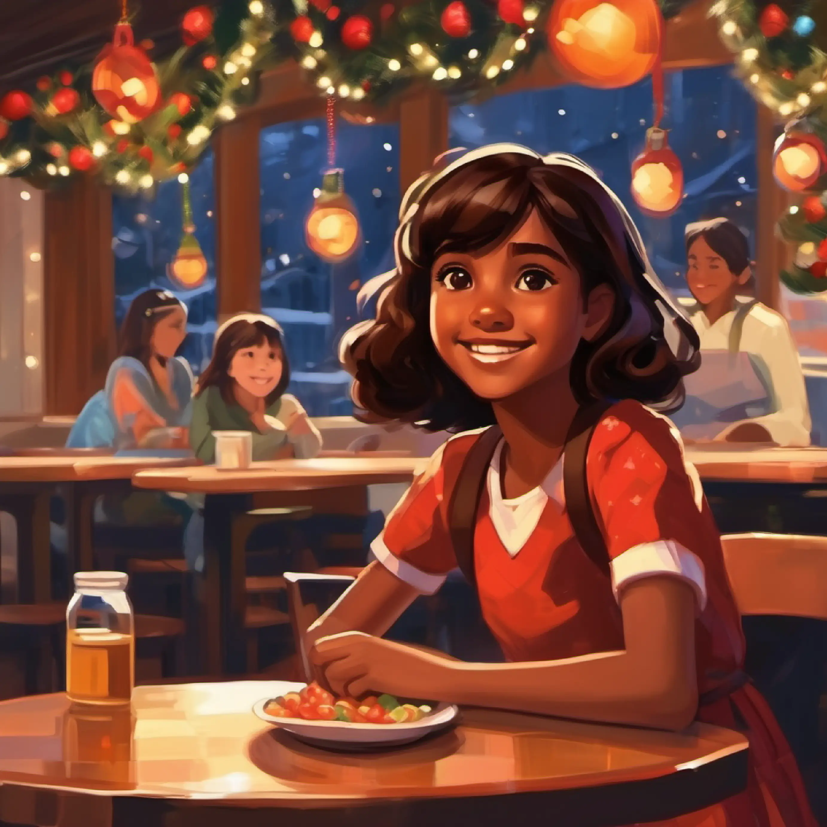 Lunchroom, Cheerful girl, brown skin, dark brown eyes approaching a girl sitting alone.