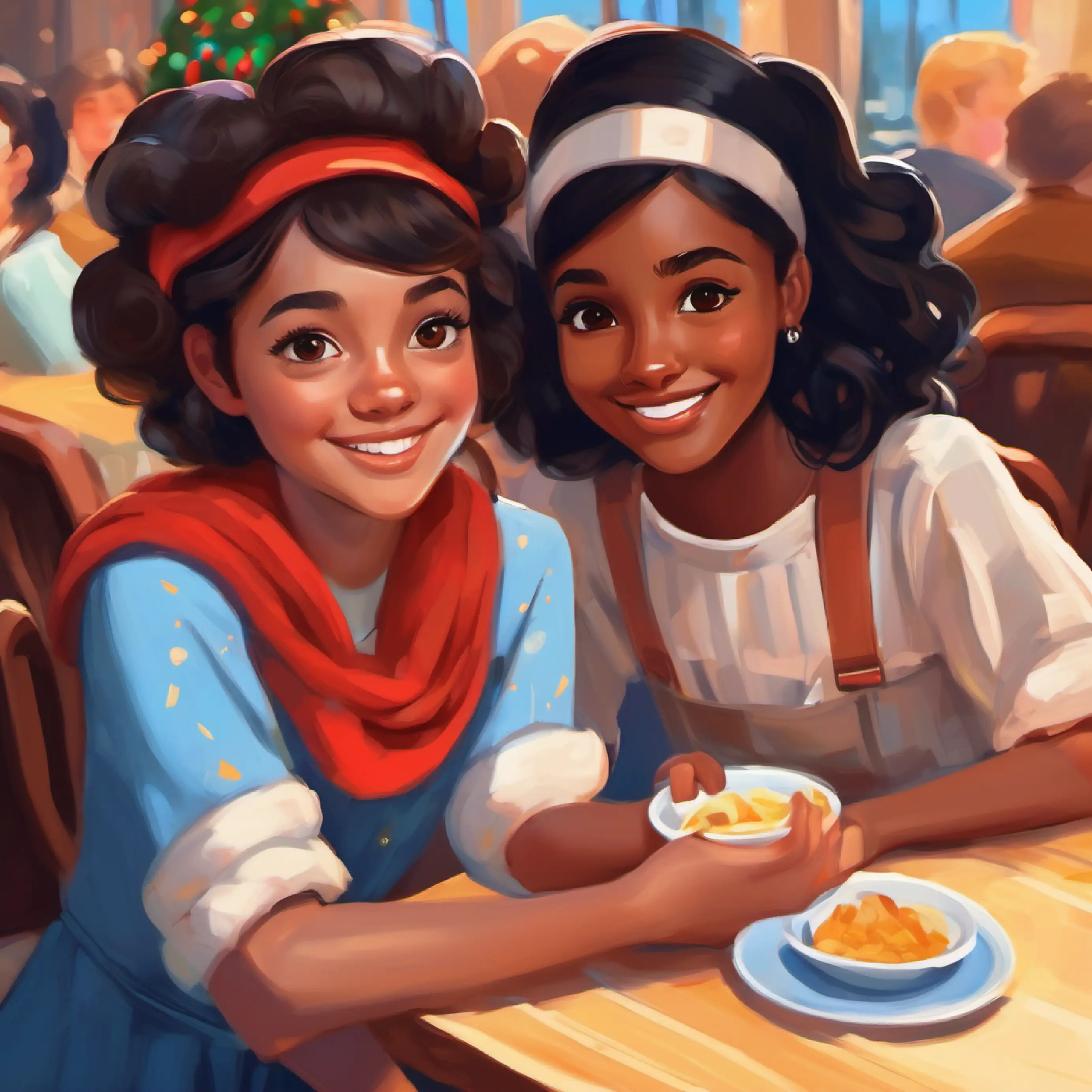 Cheerful girl, brown skin, dark brown eyes meeting Shy girl, pale skin, blue eyes during lunch.