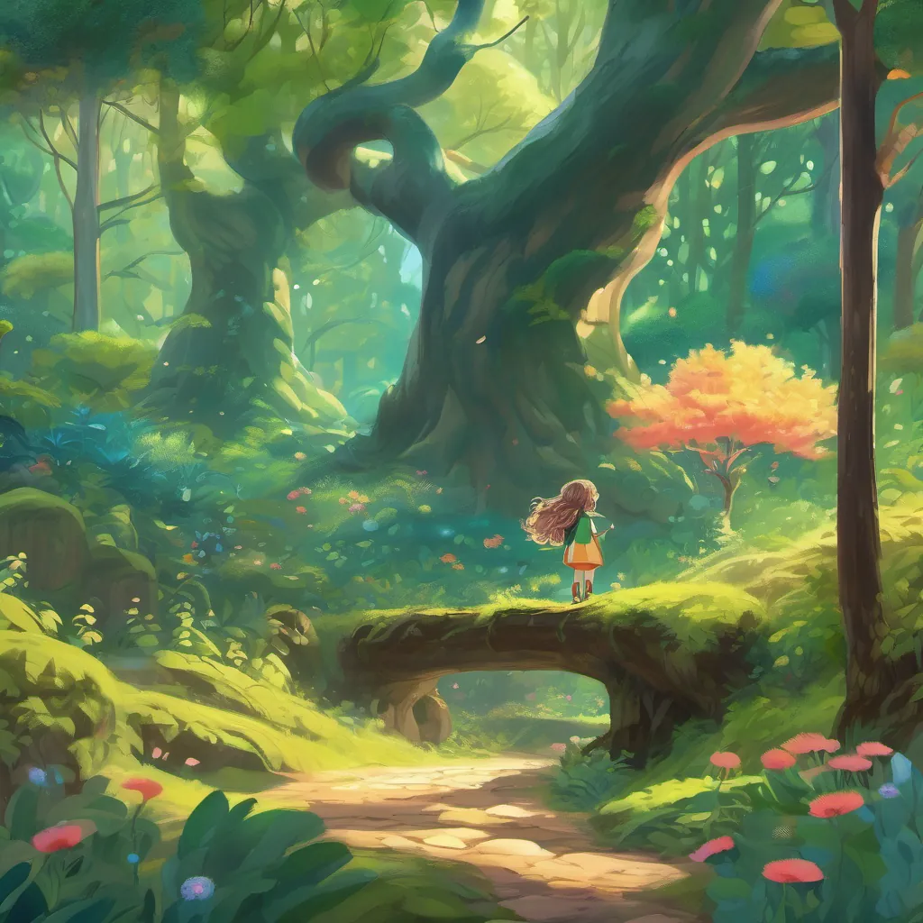 A whimsical forest with colorful trees and a little girl with curly blue hair and twinkling green eyes.