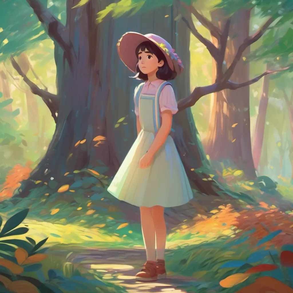 Livi twirling in the colorful woods, looking thoughtful and a bit sad.