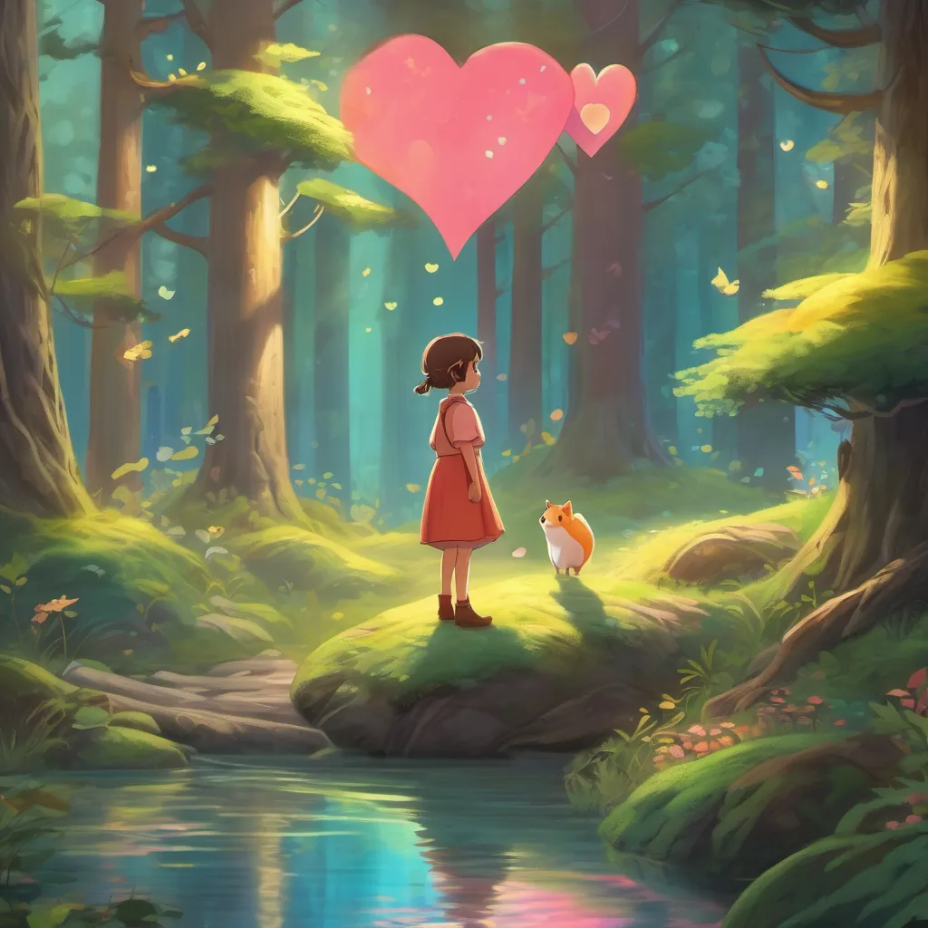 Livi standing tall and confident, with a glowing heart and happy forest friends around her.
