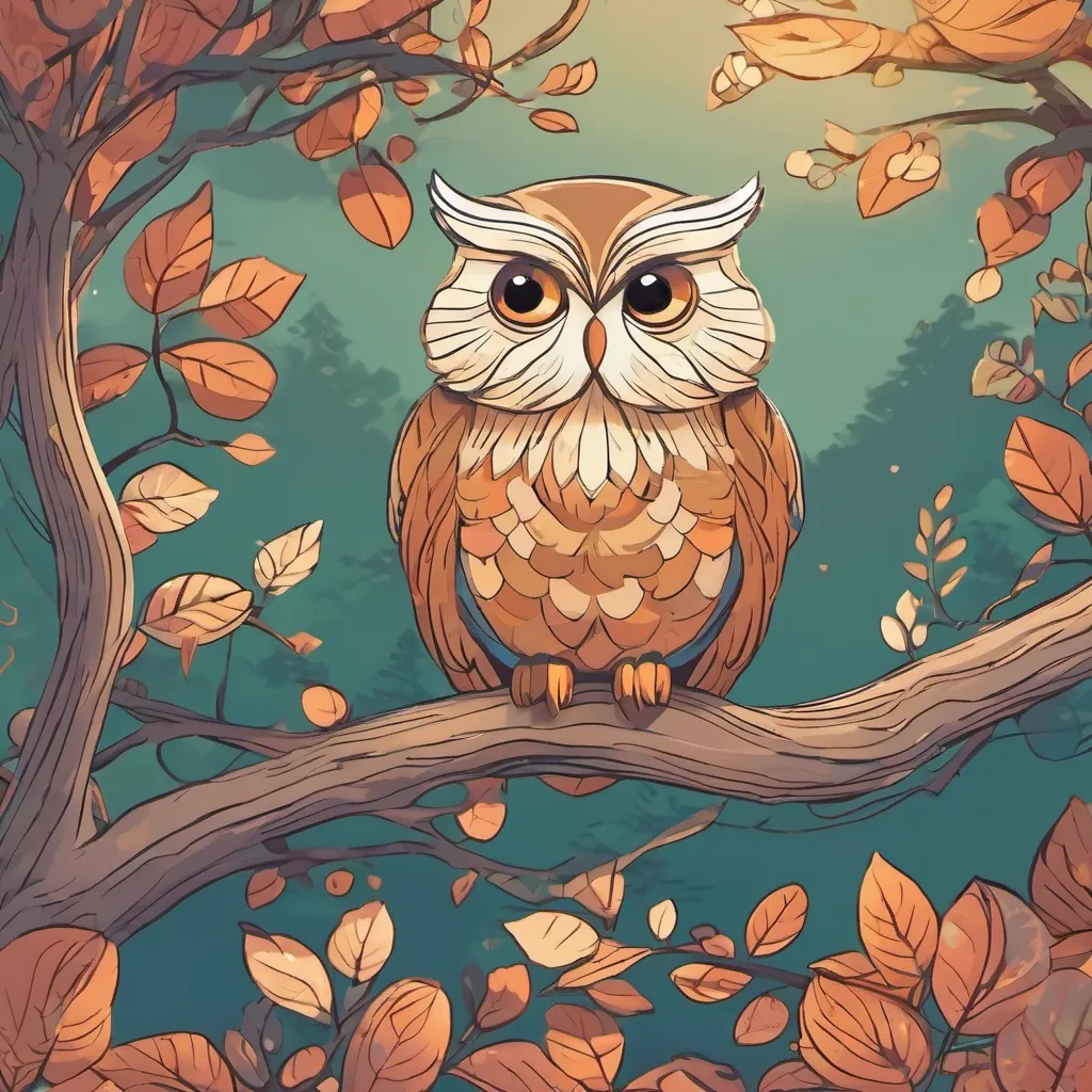 A wise old owl with large, wise eyes and a soft voice, perched on a tree branch in Whimsy Woods and Livi sitting together, with A wise old owl with large, wise eyes and a soft voice, perched on a tree branch in Whimsy Woods whispering kindly and Livi looking hopeful.