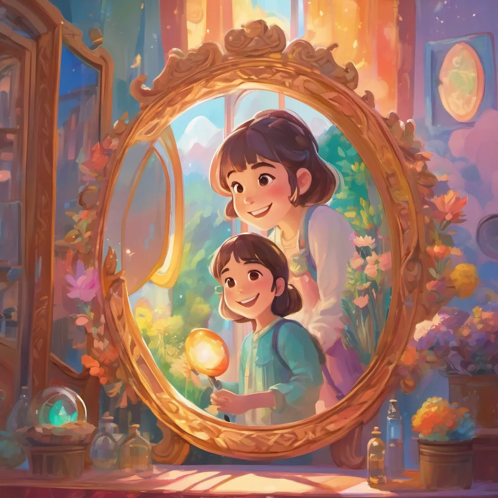 Livi looking at herself in a colorful, magical mirror with a big smile.