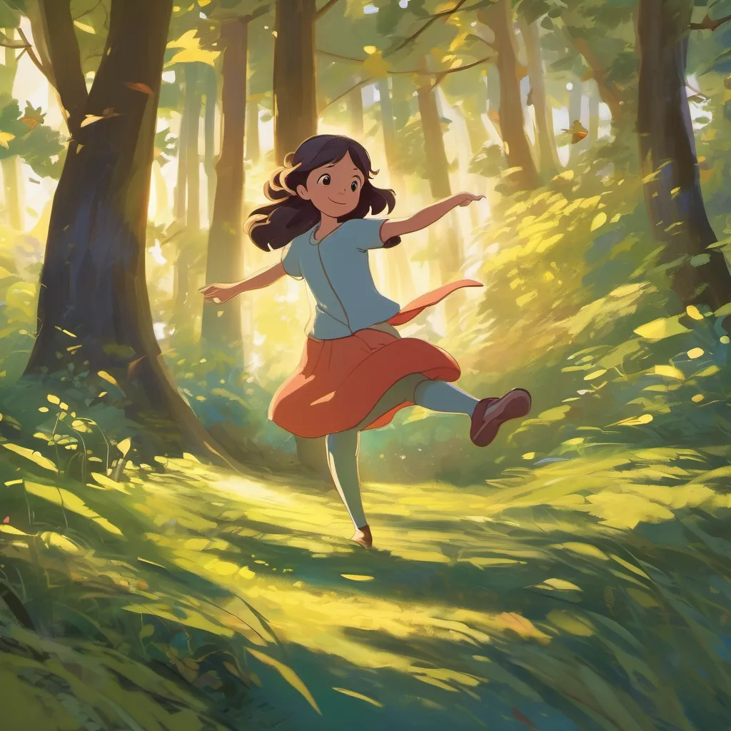 Livi dancing joyfully in the woods, with a warm glow around her.