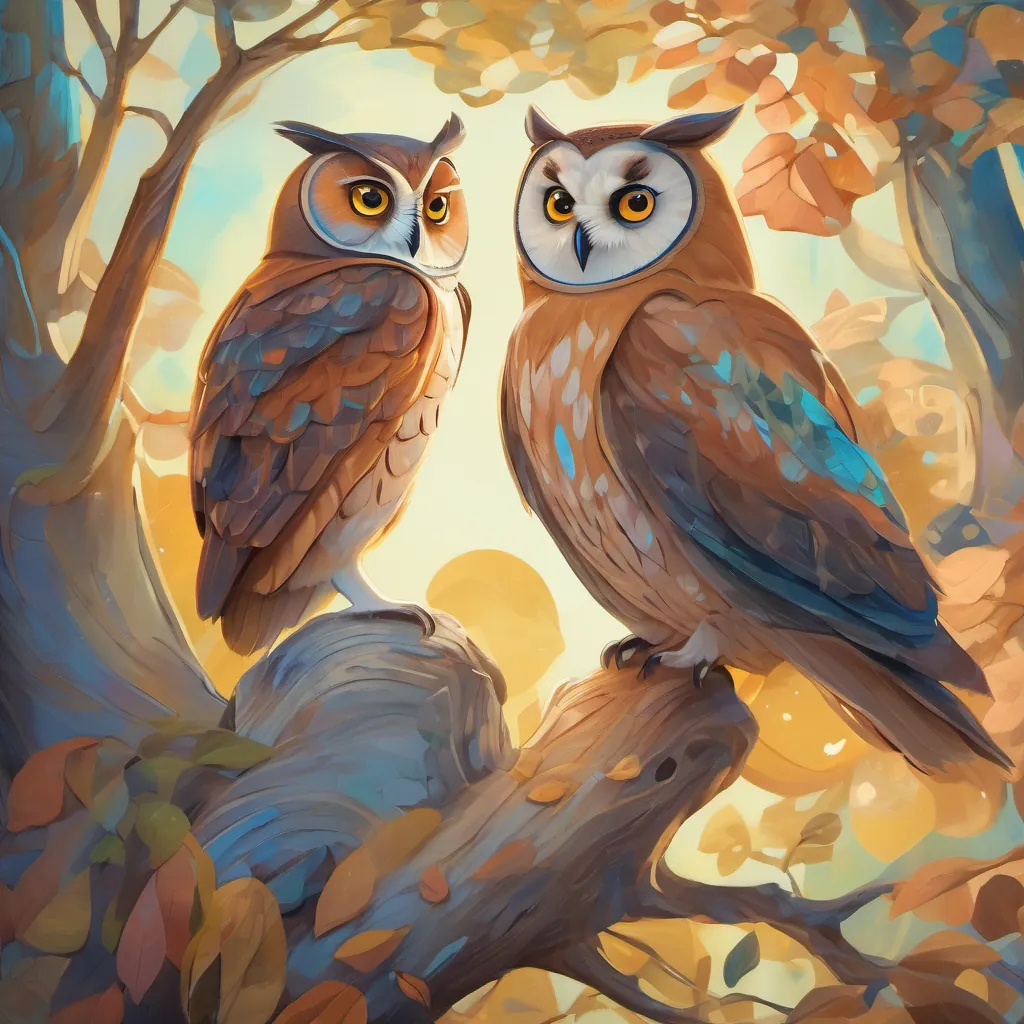 Livi and A wise old owl with large, wise eyes and a soft voice, perched on a tree branch in Whimsy Woods together, with memories of their kind conversations.