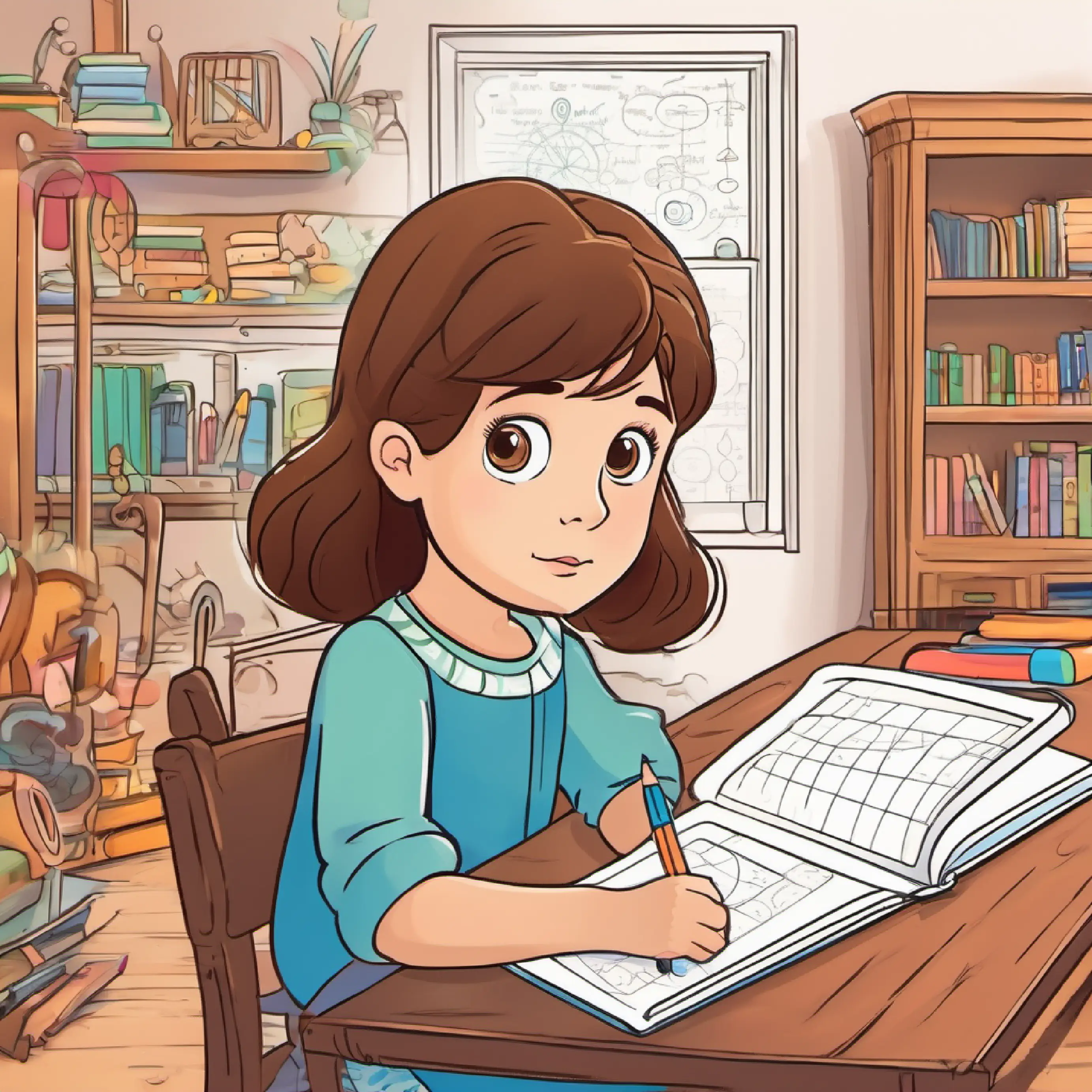 Curious girl with brown hair and hazel eyes at home, confused with math workbook