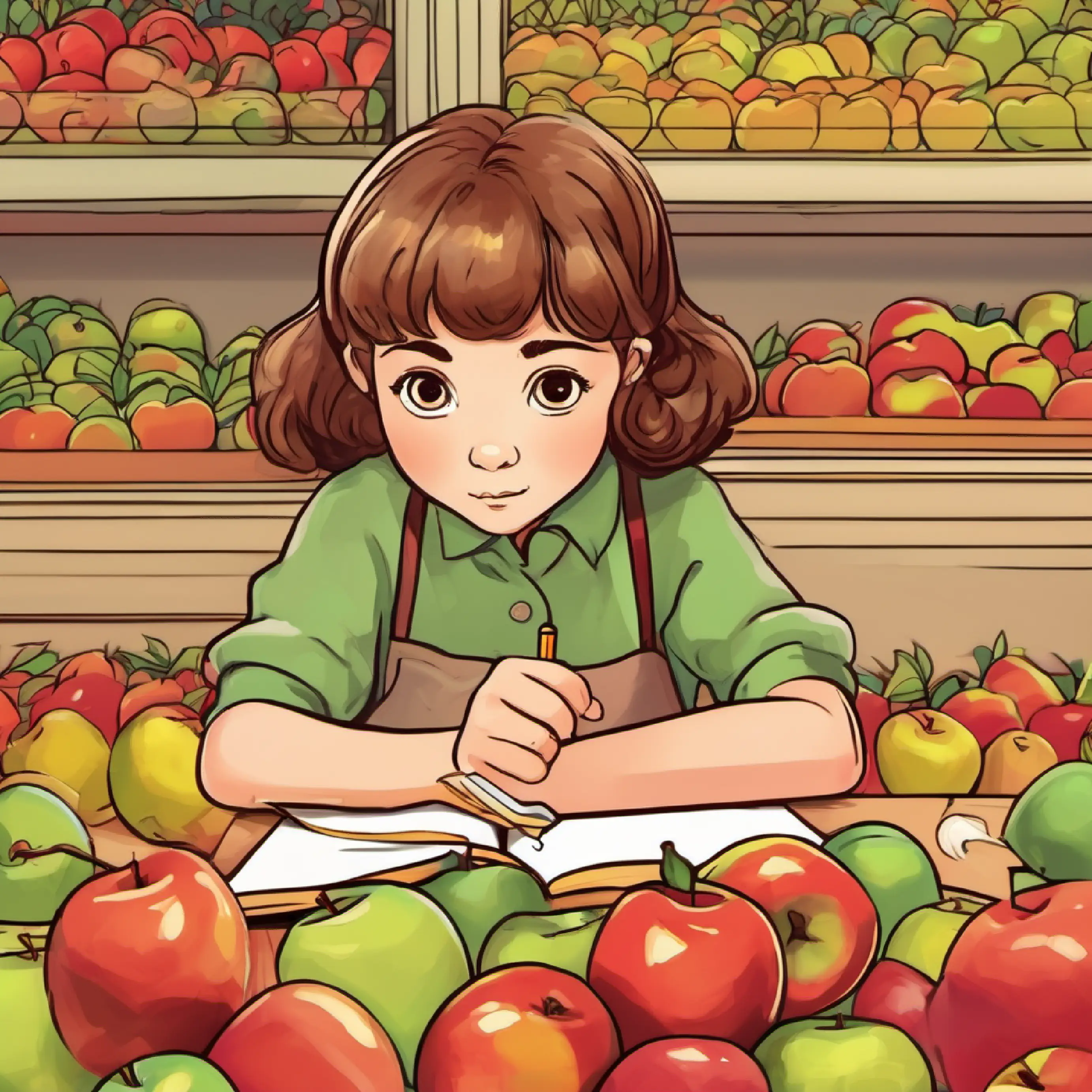 Curious girl with brown hair and hazel eyes counting apples successfully