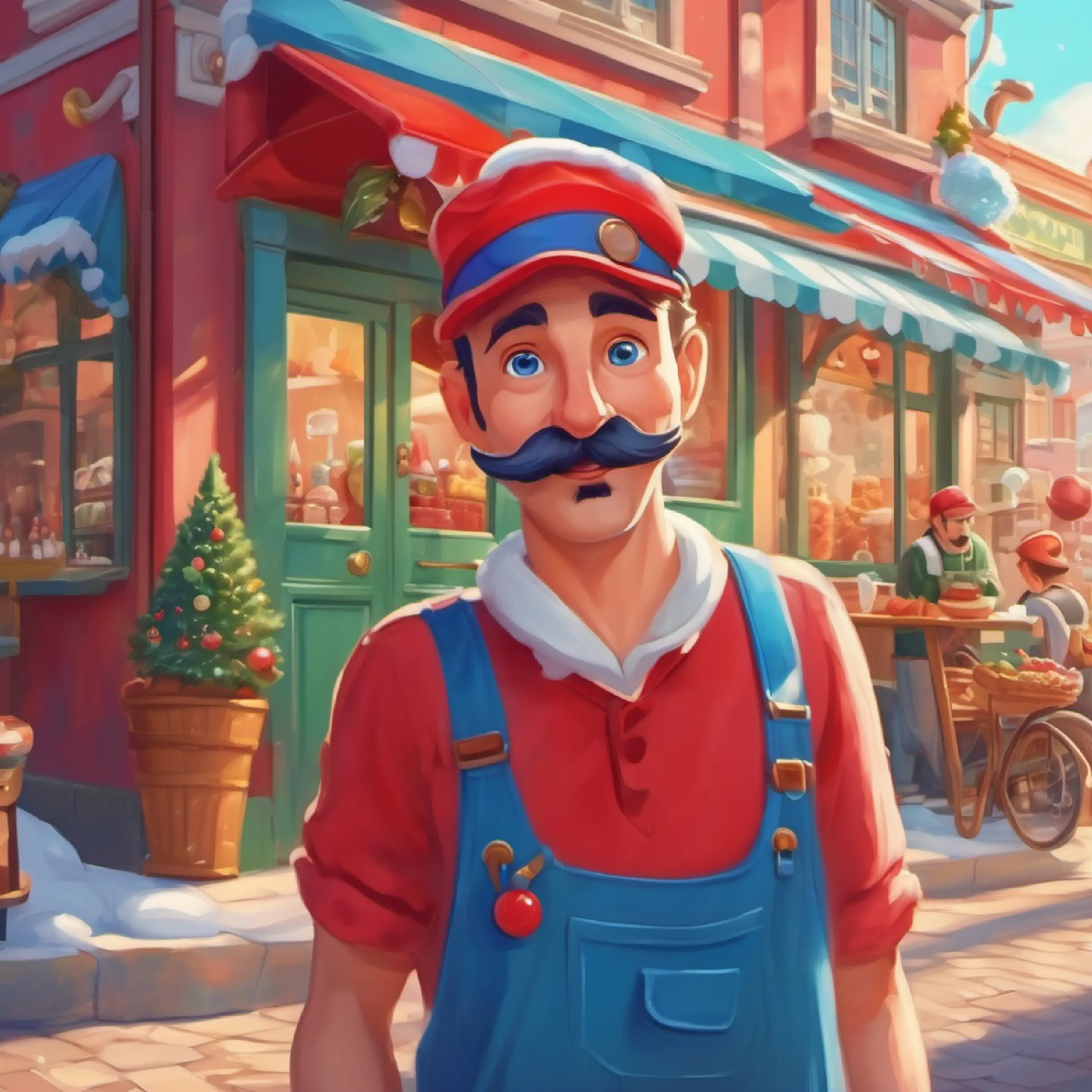 Man with red hat, blue eyes, mustache, and plumber outfit goes to the ice cream shop on a bright day.