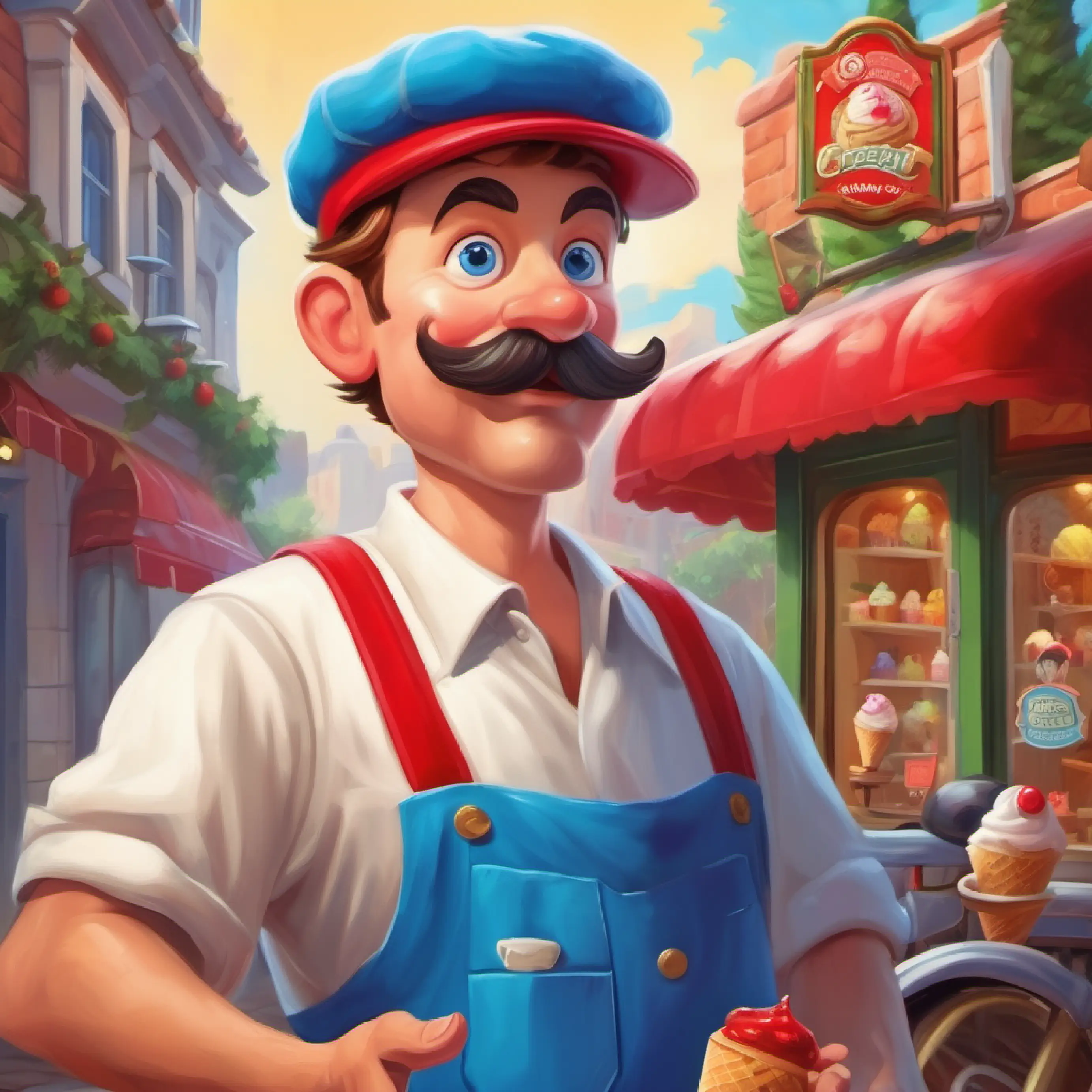 Man with red hat, blue eyes, mustache, and plumber outfit notices a sign advertising a new ice cream flavor.