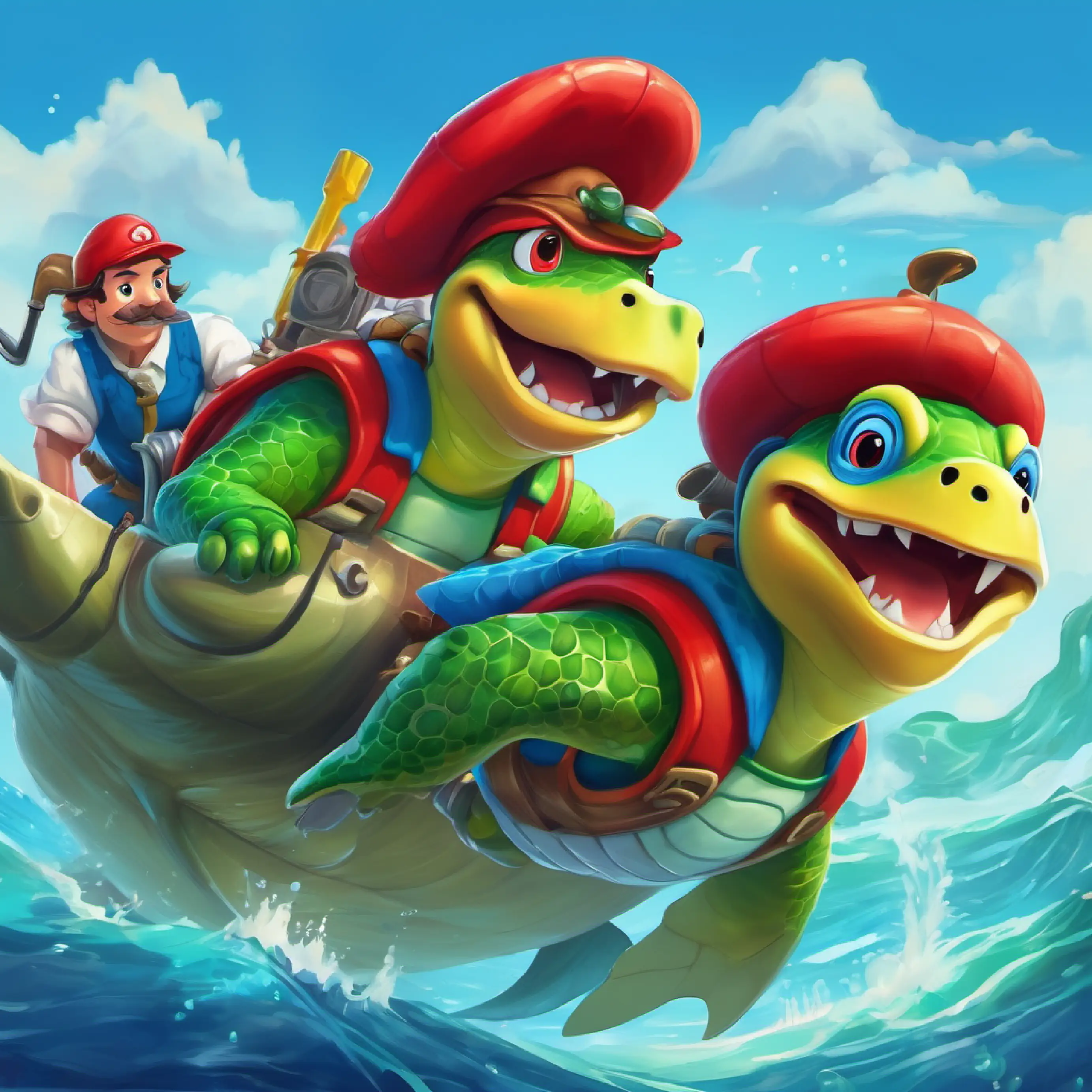 Man with red hat, blue eyes, mustache, and plumber outfit and Large, green-turtle like creature with spikes and sharp teeth race, with Man with red hat, blue eyes, mustache, and plumber outfit slightly in the lead.