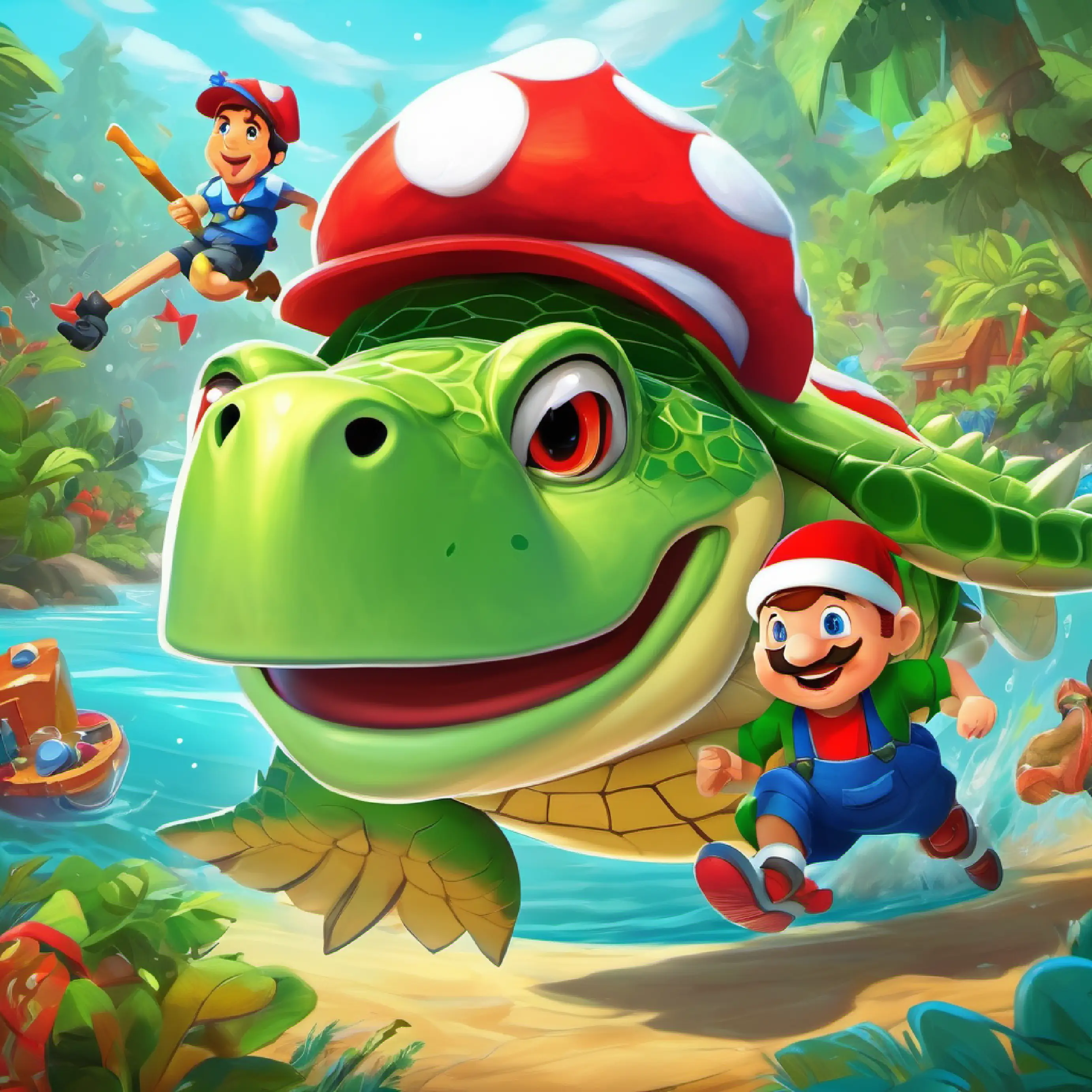 Man with red hat, blue eyes, mustache, and plumber outfit wins the race, and Large, green-turtle like creature with spikes and sharp teeth shows good sportsmanship.