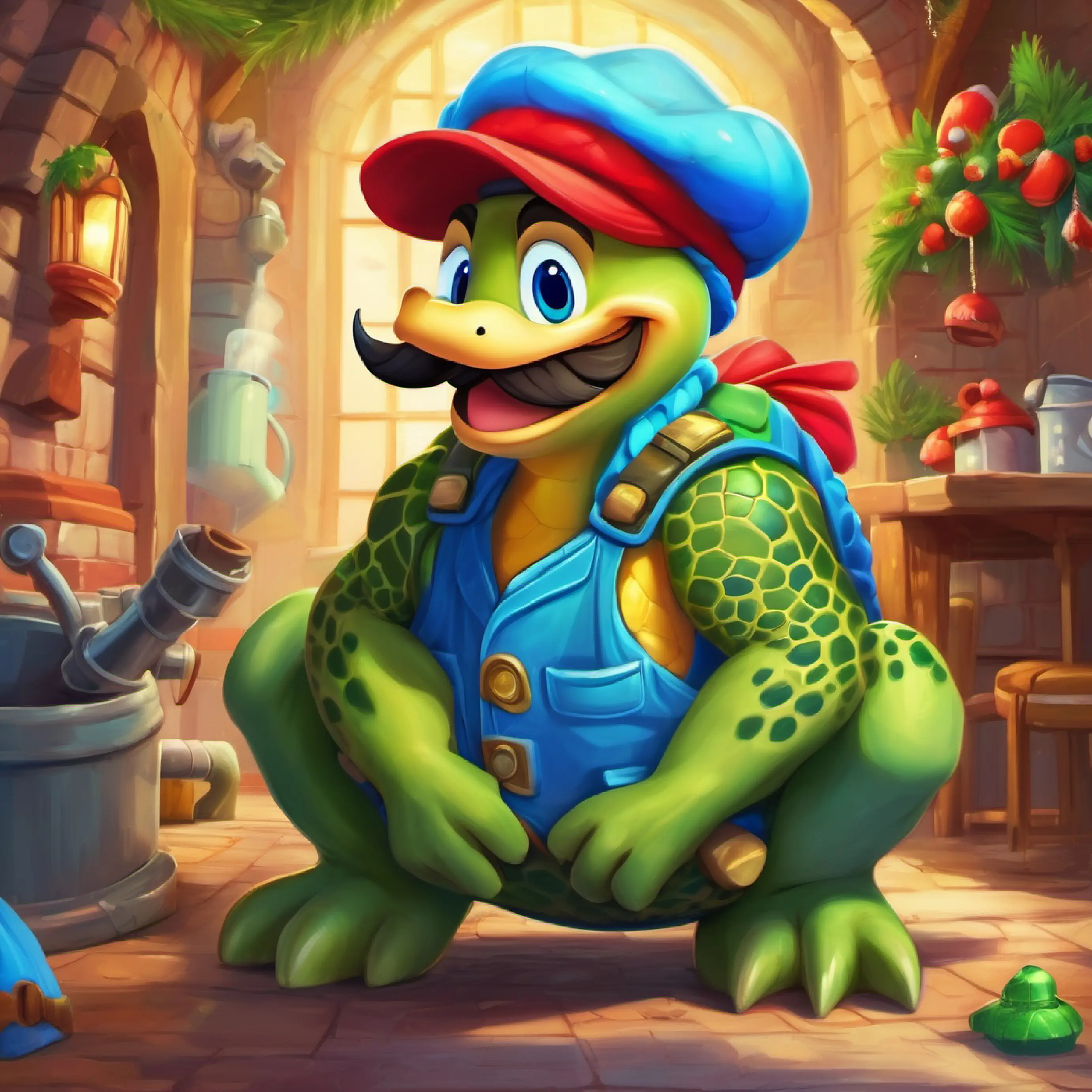 Man with red hat, blue eyes, mustache, and plumber outfit decides to share after all and Large, green-turtle like creature with spikes and sharp teeth is happy.