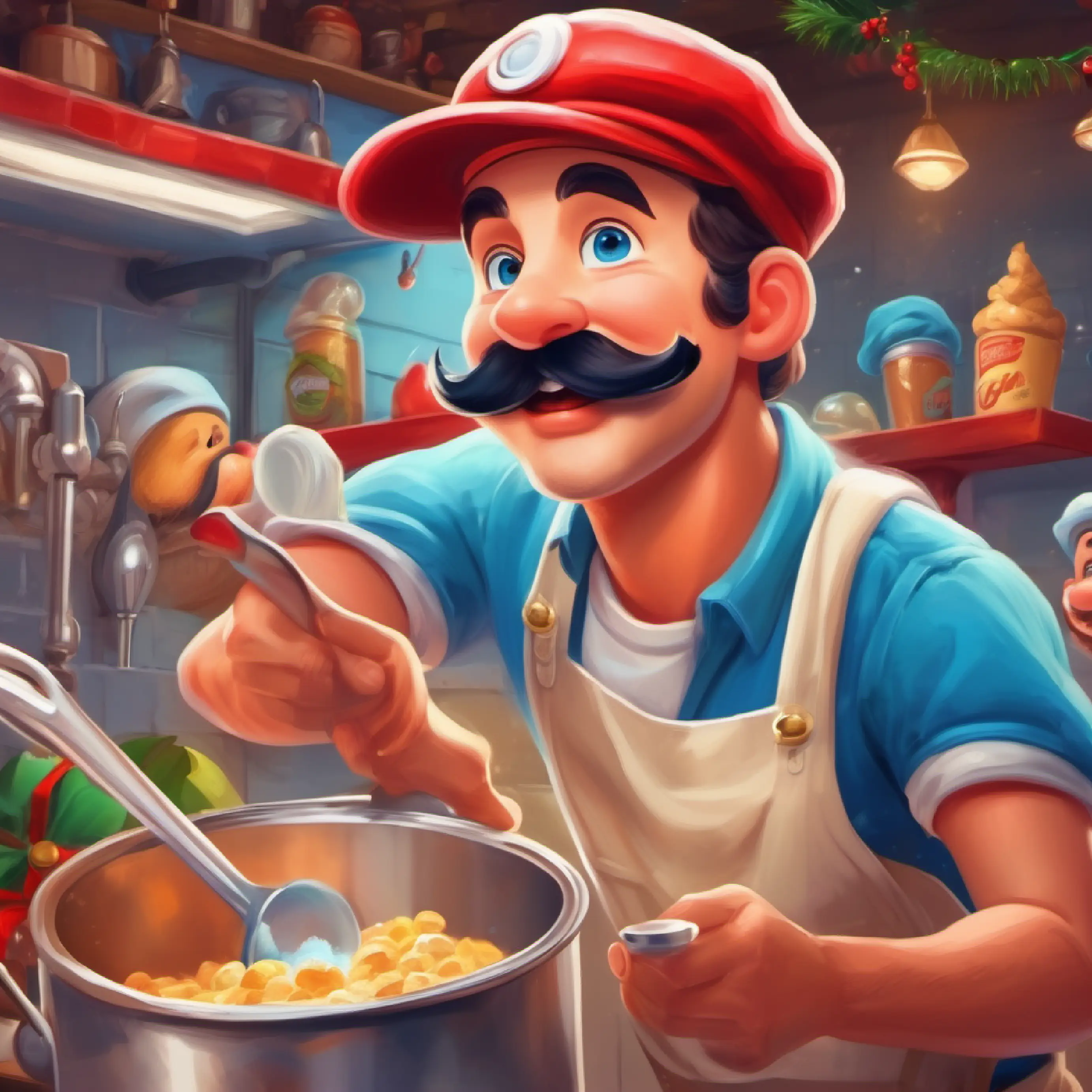 Man with red hat, blue eyes, mustache, and plumber outfit happily orders a scoop of the new flavor.