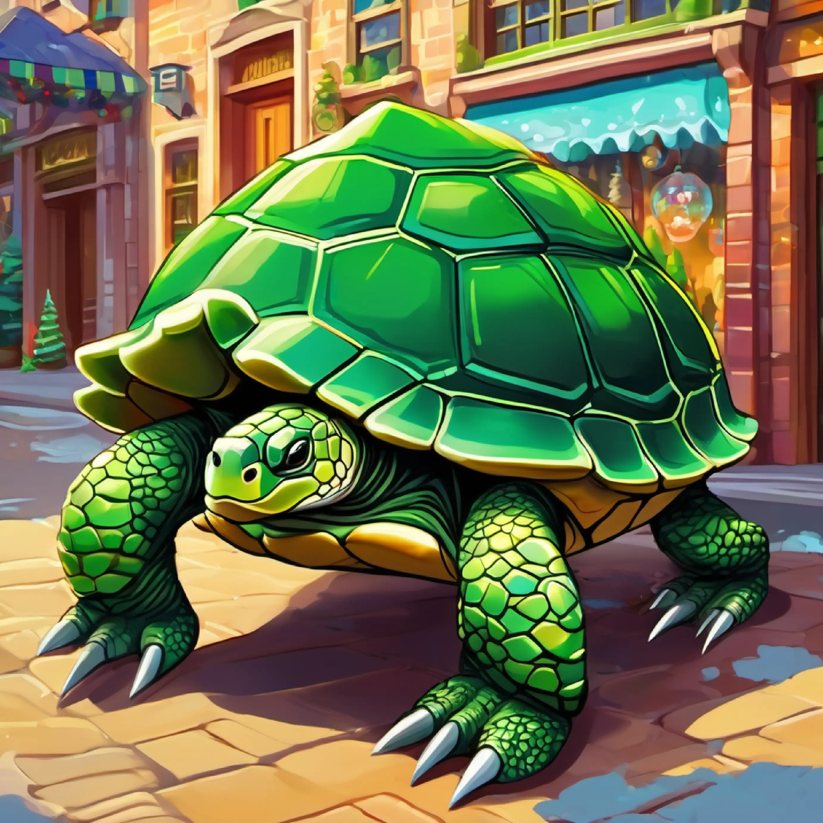 Large, green-turtle like creature with spikes and sharp teeth arrives at the shop, appearing unhappy.