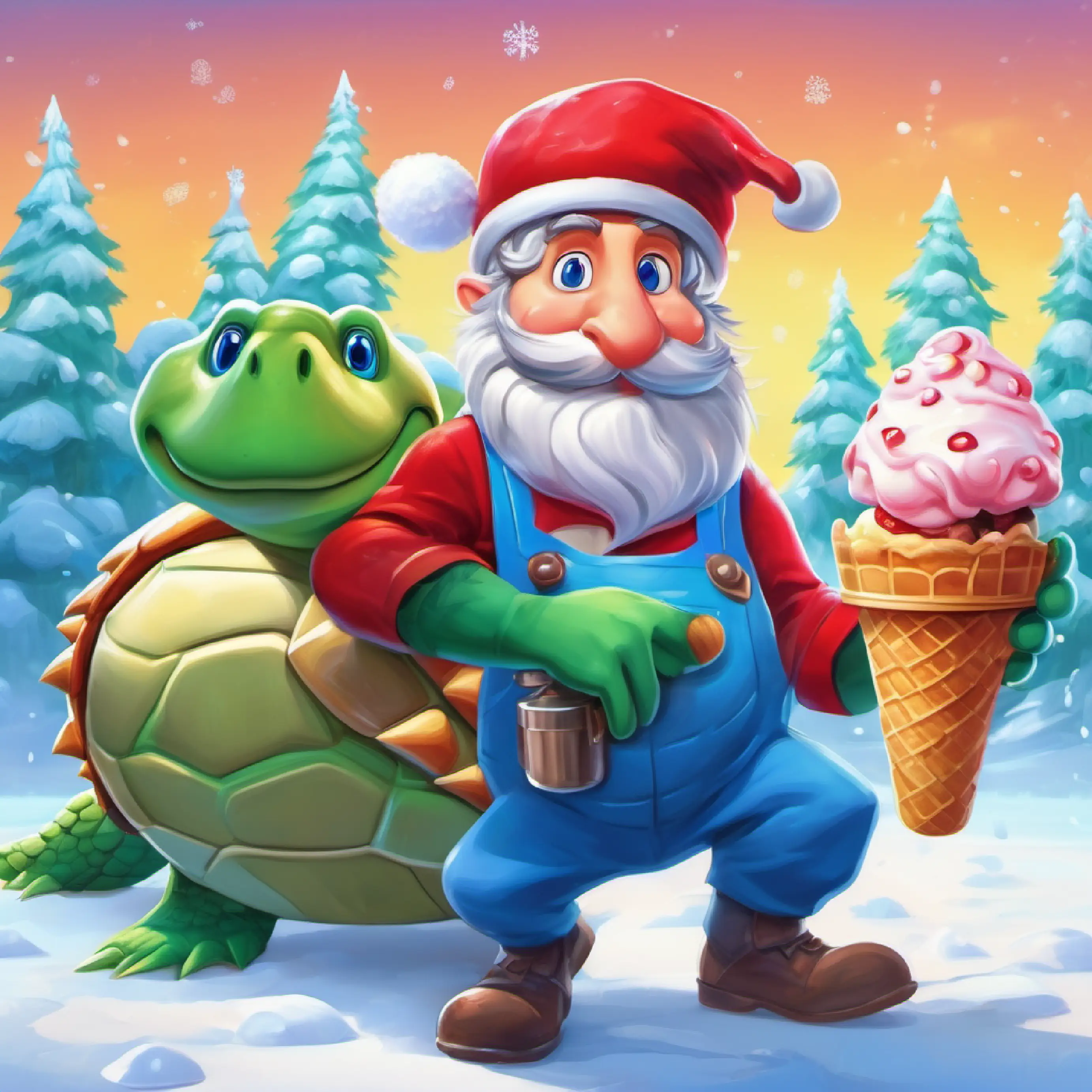 Man with red hat, blue eyes, mustache, and plumber outfit suggests sharing, but Large, green-turtle like creature with spikes and sharp teeth refuses to share the ice cream.