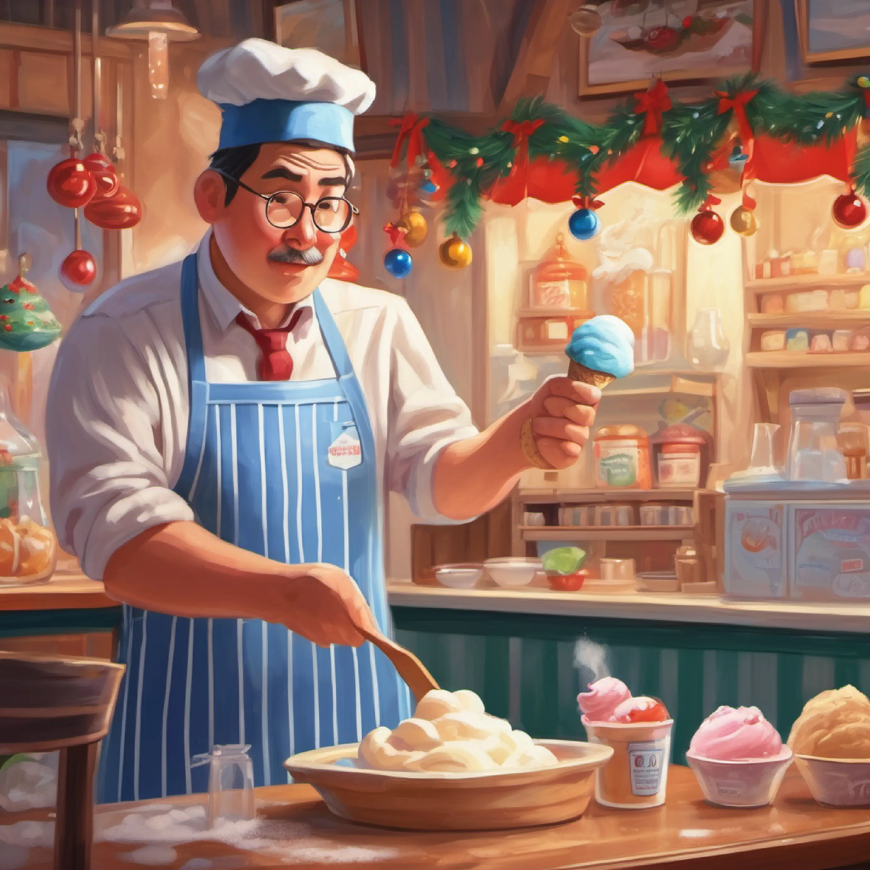 Worker wearing a striped apron and scooping ice cream confirms there's only one scoop left, showing concern.