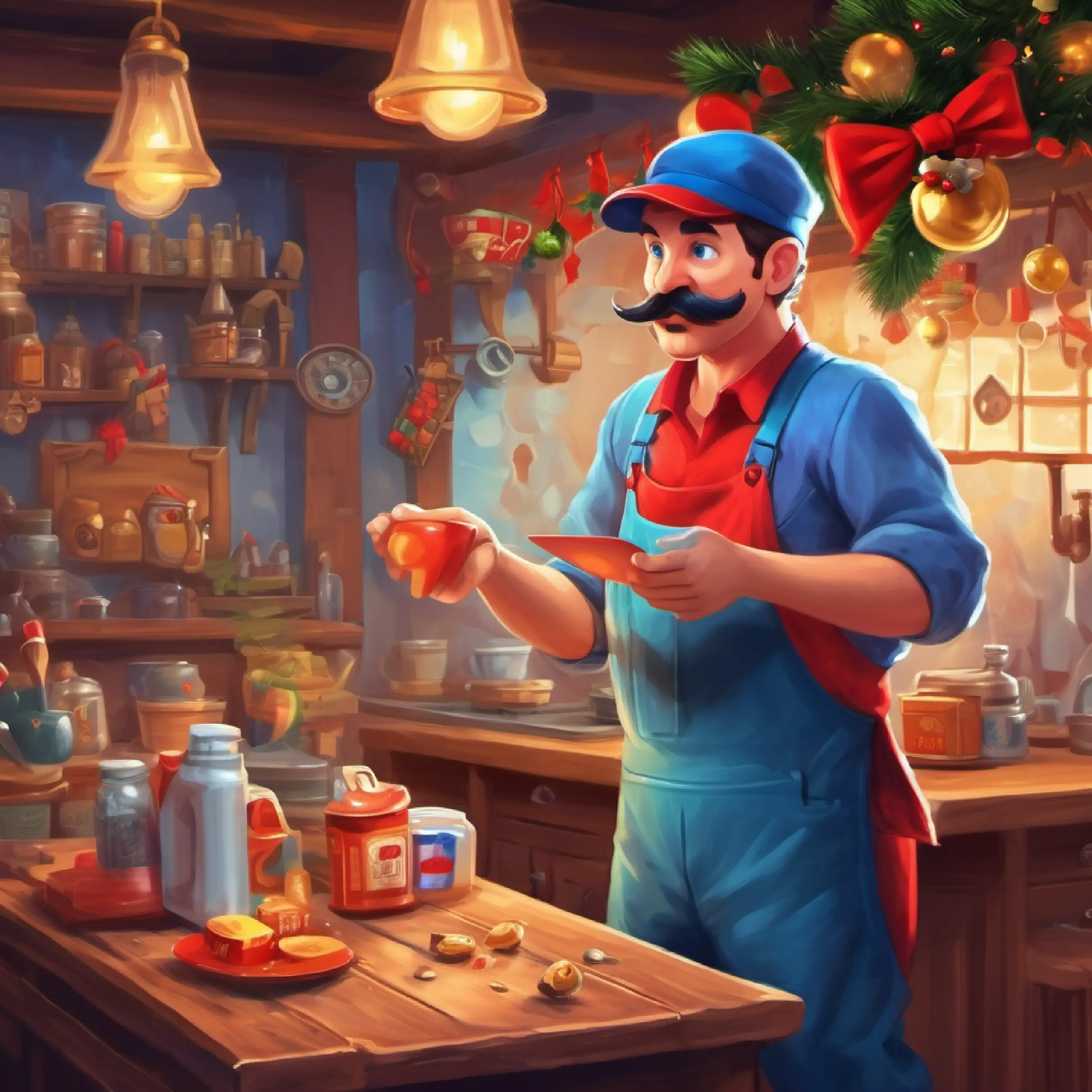 Man with red hat, blue eyes, mustache, and plumber outfit proposes a game to decide who gets the last scoop.