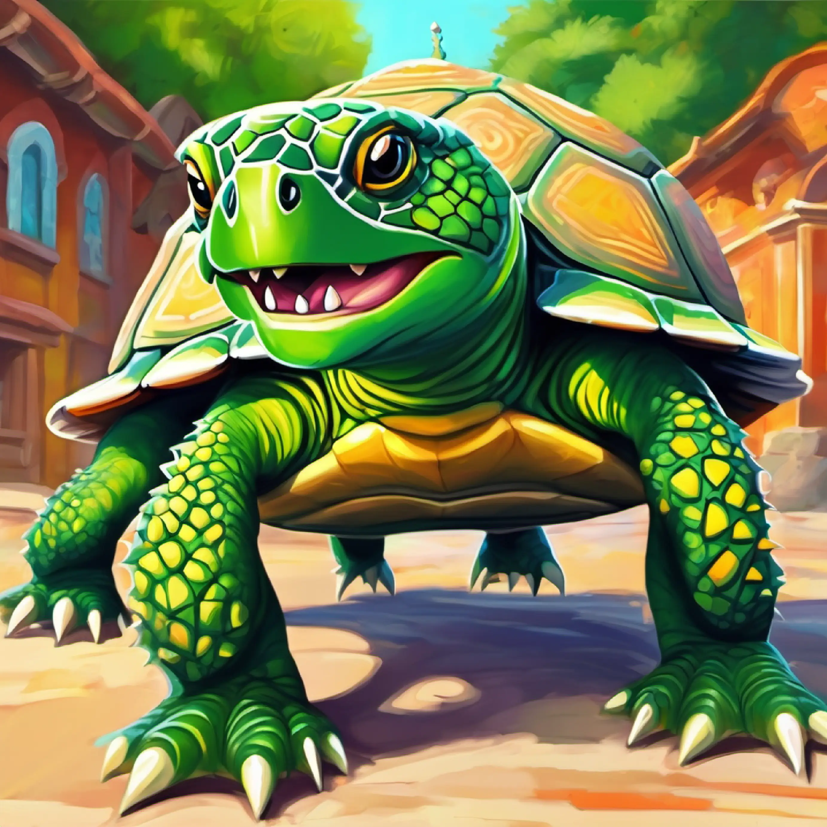 Large, green-turtle like creature with spikes and sharp teeth agrees to a race, feeling very sure of winning.