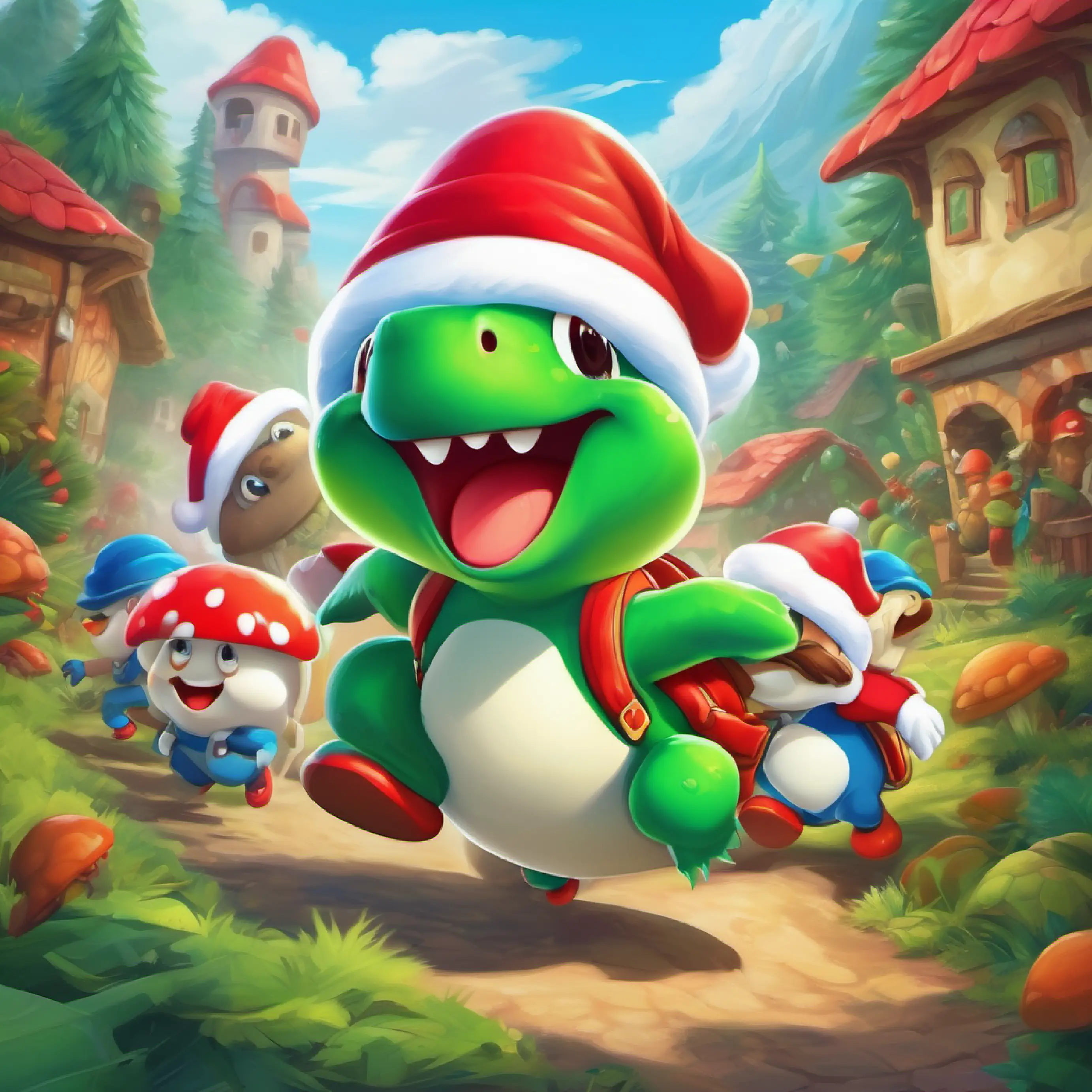 Small, with a white mushroom cap and a cheerful face starts off the race between Man with red hat, blue eyes, mustache, and plumber outfit and Large, green-turtle like creature with spikes and sharp teeth.