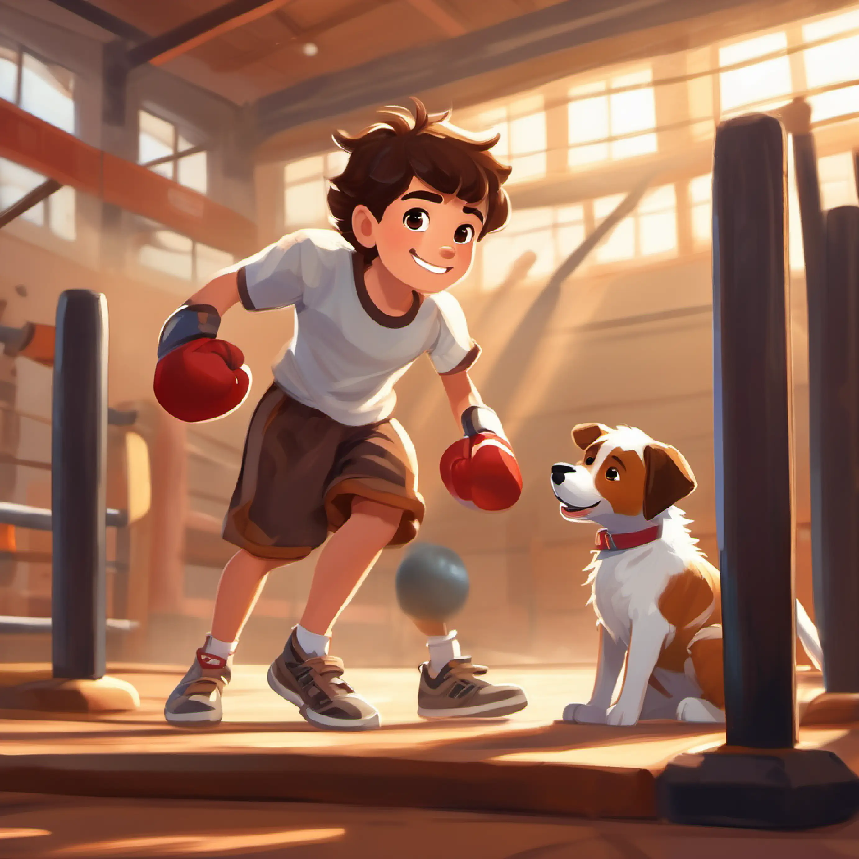 Short boy, brown hair, kind eyes, always wears a bright smile and Fluffy, cheerful dog with brown and white spots and a wagging tail stumble upon a bustling boxing gym.