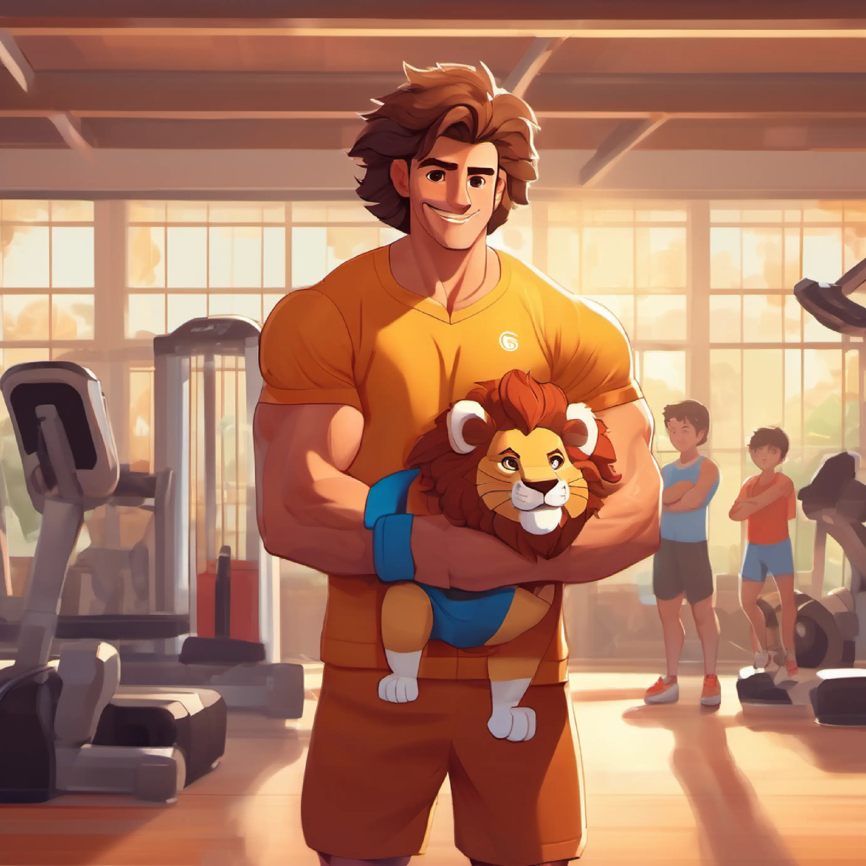 Tall, muscular man, lion-like hair, wearing a tracksuit, friendly welcomes Short boy, brown hair, kind eyes, always wears a bright smile to the gym.