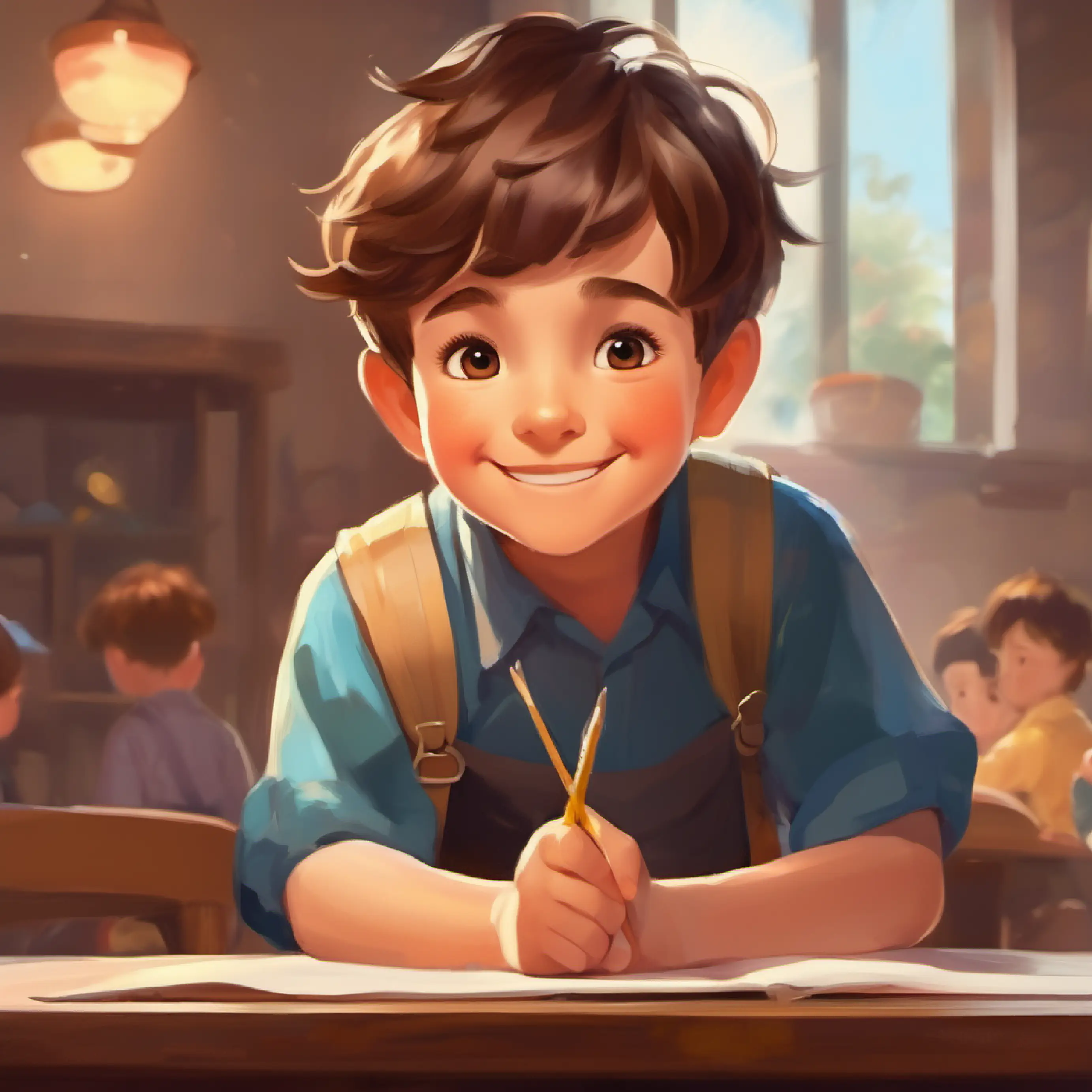 Short boy, brown hair, kind eyes, always wears a bright smile progresses in his training with playful exercises.