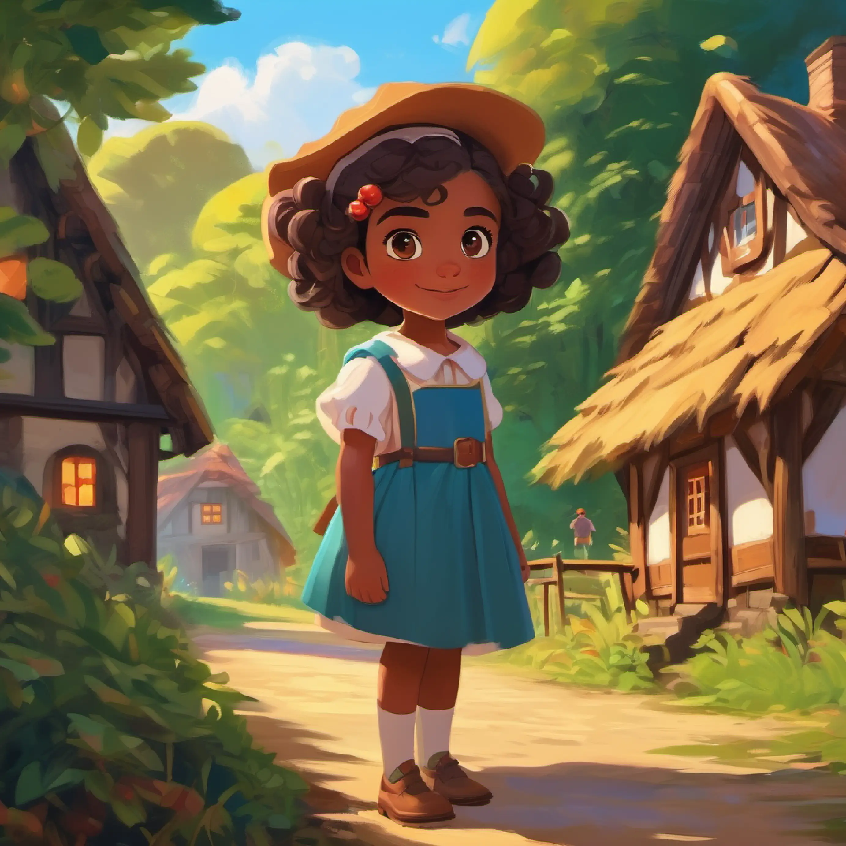 Introduction to the protagonist, Young, curious girl with brown skin and bright brown eyes, in her village near a forest.