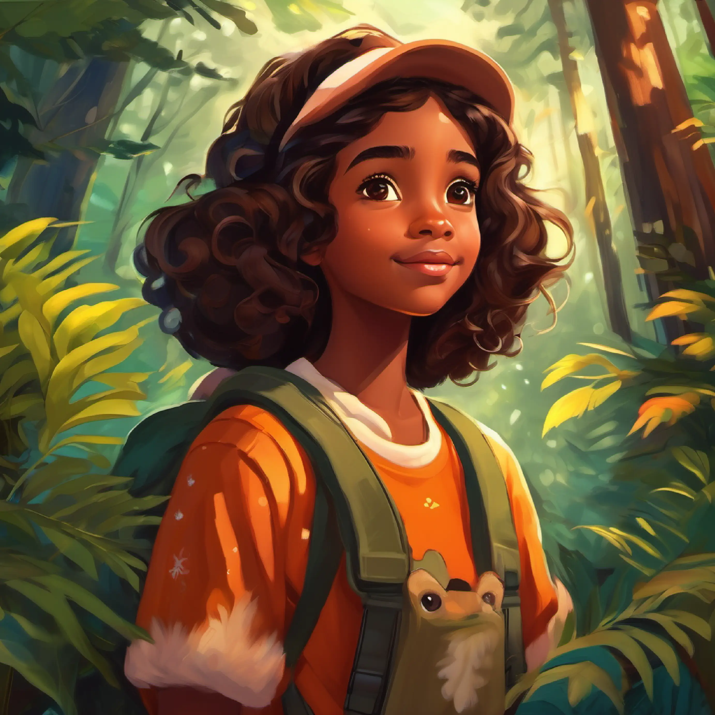 Young, curious girl with brown skin and bright brown eyes enjoying the sounds of the forest, establishing her connection to nature.