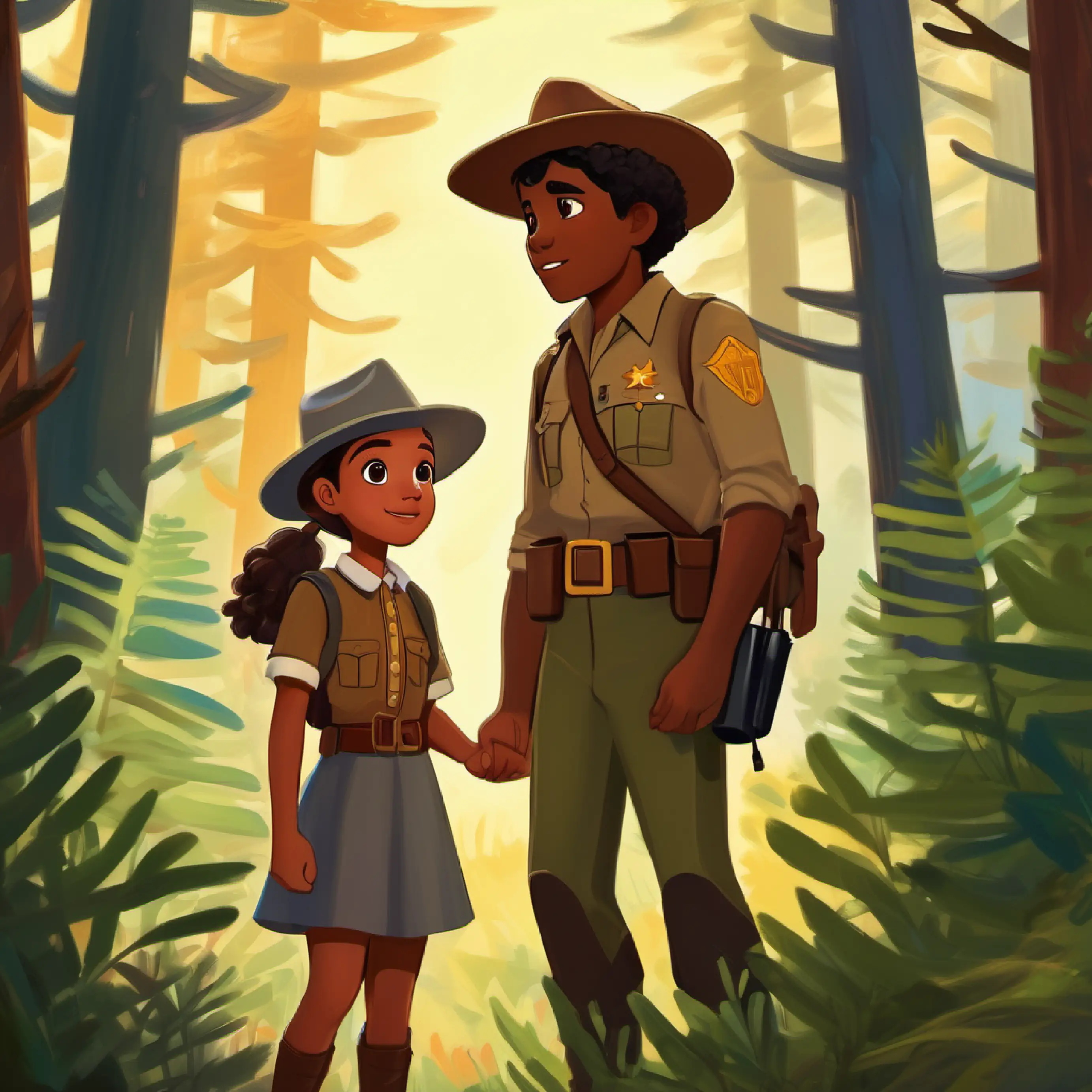 First encounter between Young, curious girl with brown skin and bright brown eyes and the forest ranger, who oversees the forest.