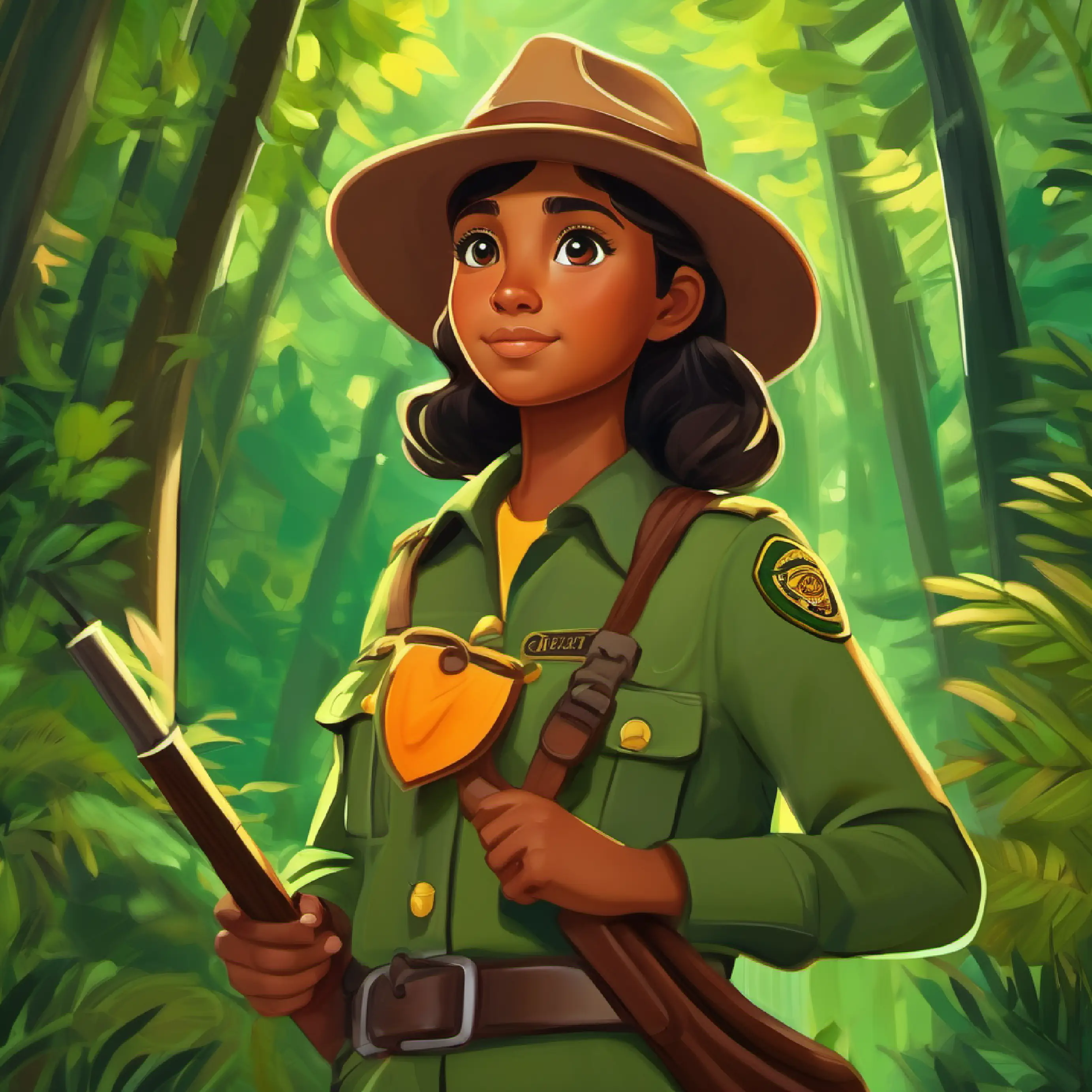 Explaining Kind forest ranger with tan skin and wise green eyes's role in the forest, introducing Young, curious girl with brown skin and bright brown eyes's curiosity.