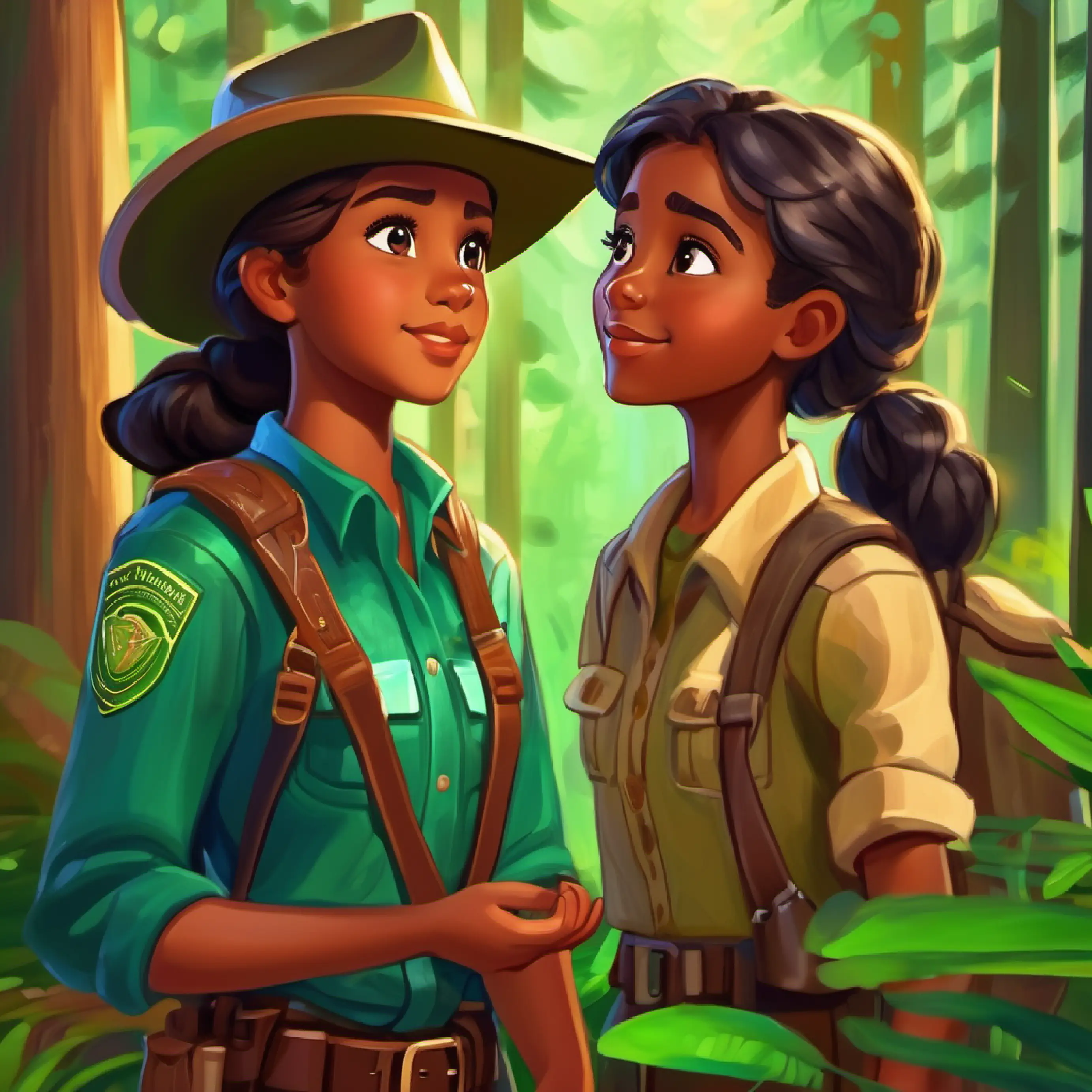 Young, curious girl with brown skin and bright brown eyes inquiring about Kind forest ranger with tan skin and wise green eyes's job, sparking a conversation between them.