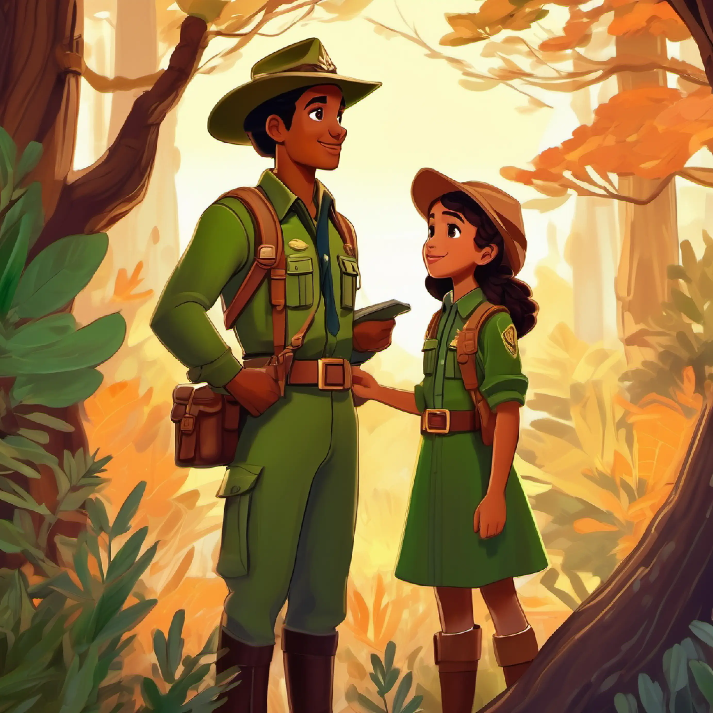 Kind forest ranger with tan skin and wise green eyes sharing knowledge with Young, curious girl with brown skin and bright brown eyes, showing her the beauty of the ecosystem.