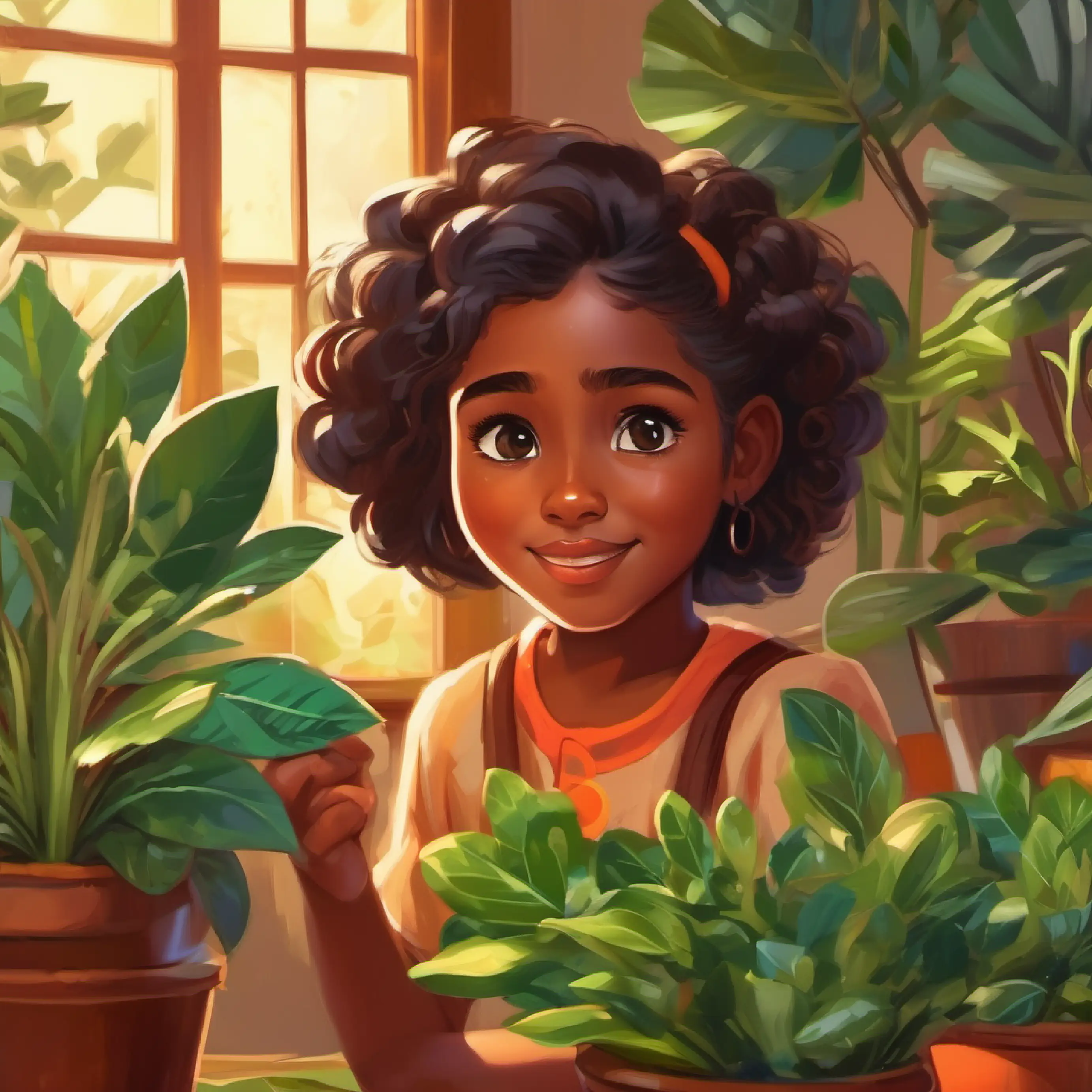 Educational moment, Young, curious girl with brown skin and bright brown eyes learning about the different uses of plants.