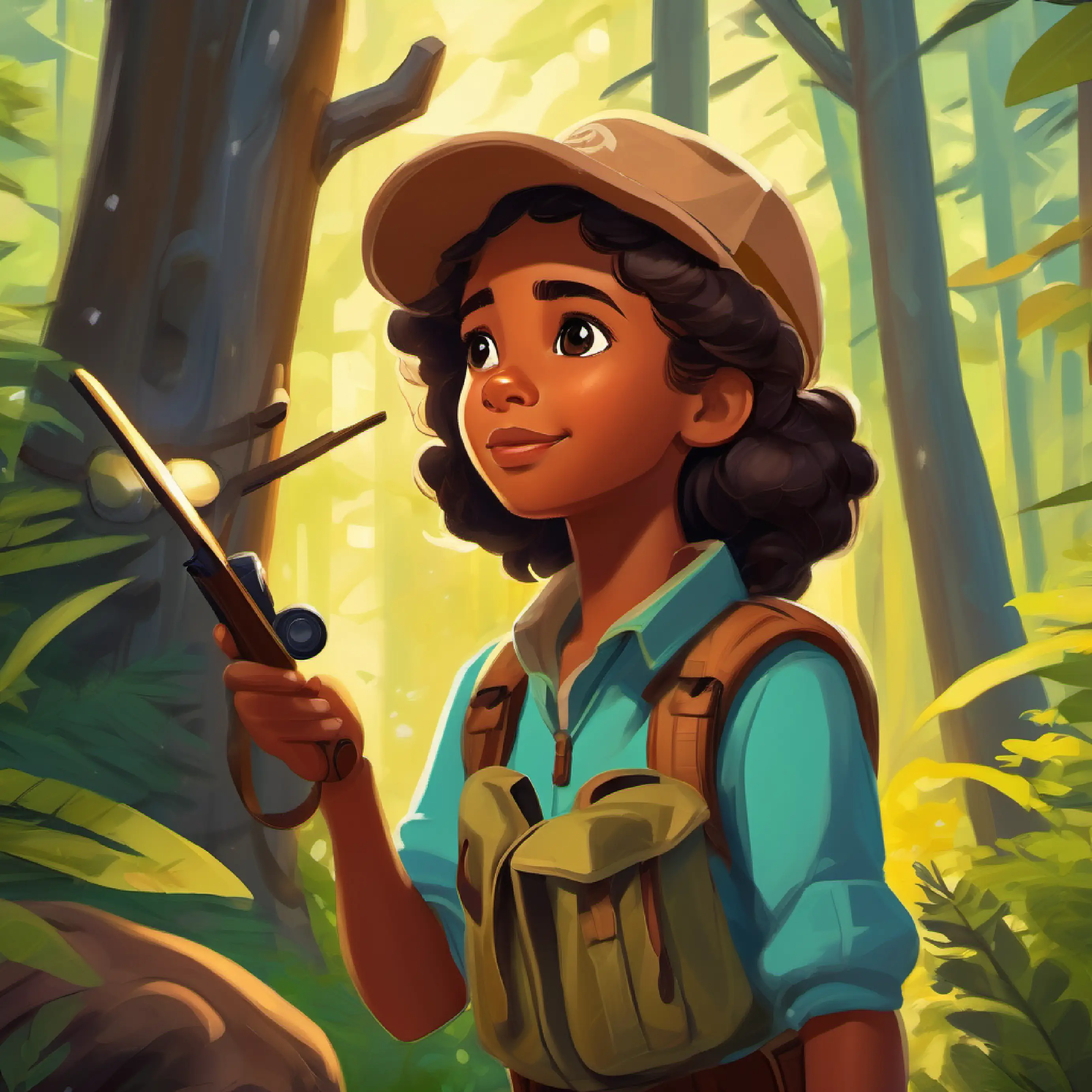 Young, curious girl with brown skin and bright brown eyes learns about animal tracking with the ranger, showing practical forest skills.