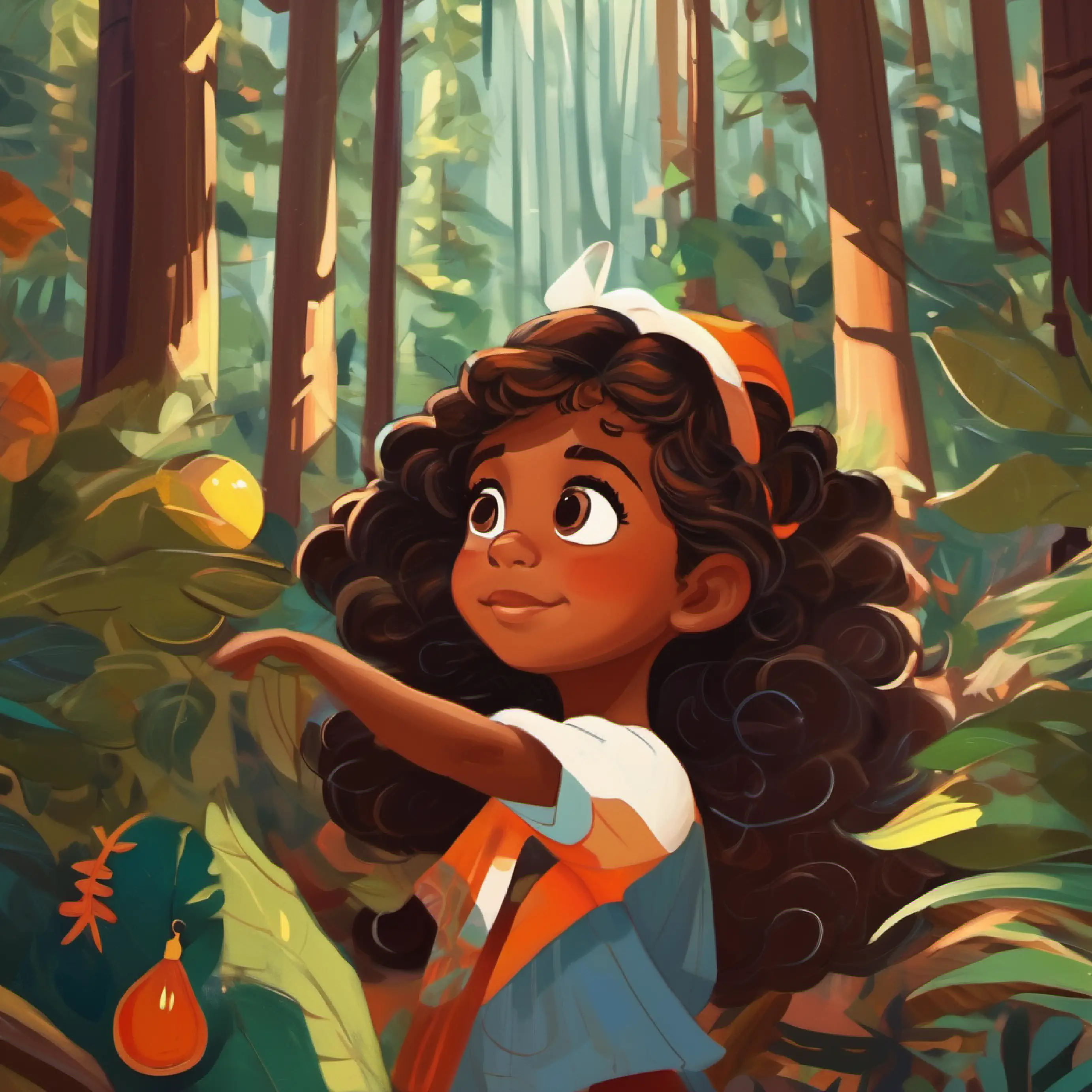 Young, curious girl with brown skin and bright brown eyes's realization of the interconnectedness of the forest ecosystem.