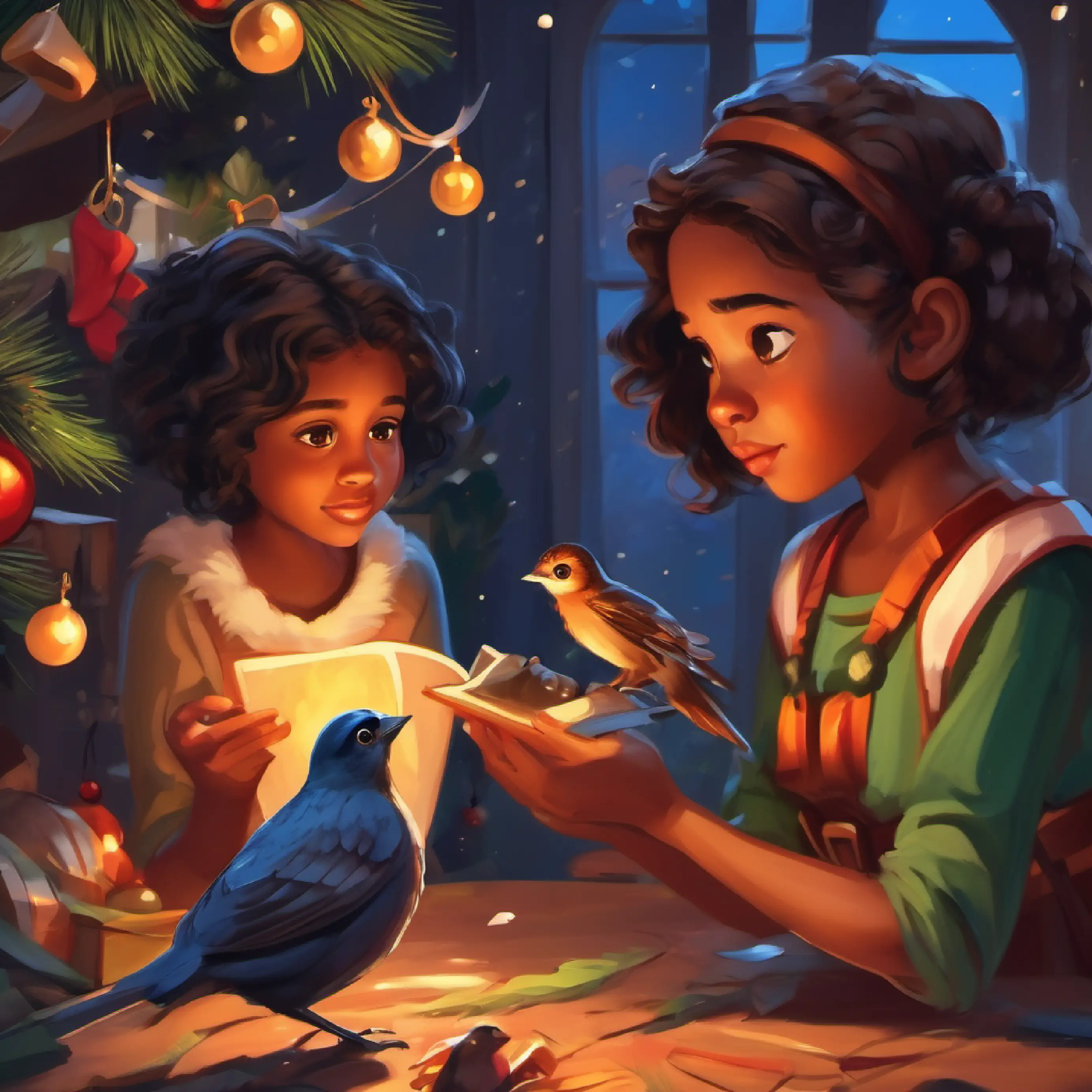Young, curious girl with brown skin and bright brown eyes finding an injured bird, applying her knowledge to help the creature.