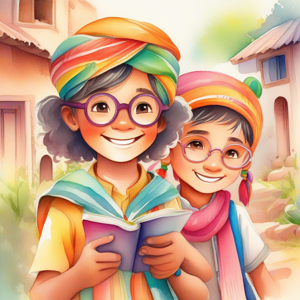 Curious boy wearing a colorful turban and a brave smile, Adventurous girl with two long braids and a mischievous grin, and Intelligent boy wearing round glasses and holding a book exploring the colorful Indian village