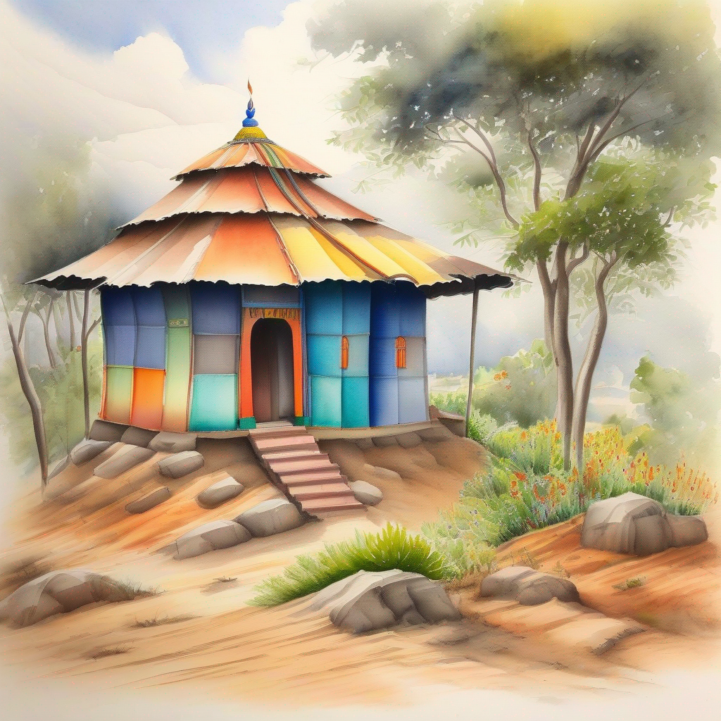 Colorful hut of Guruji at the edge of the village