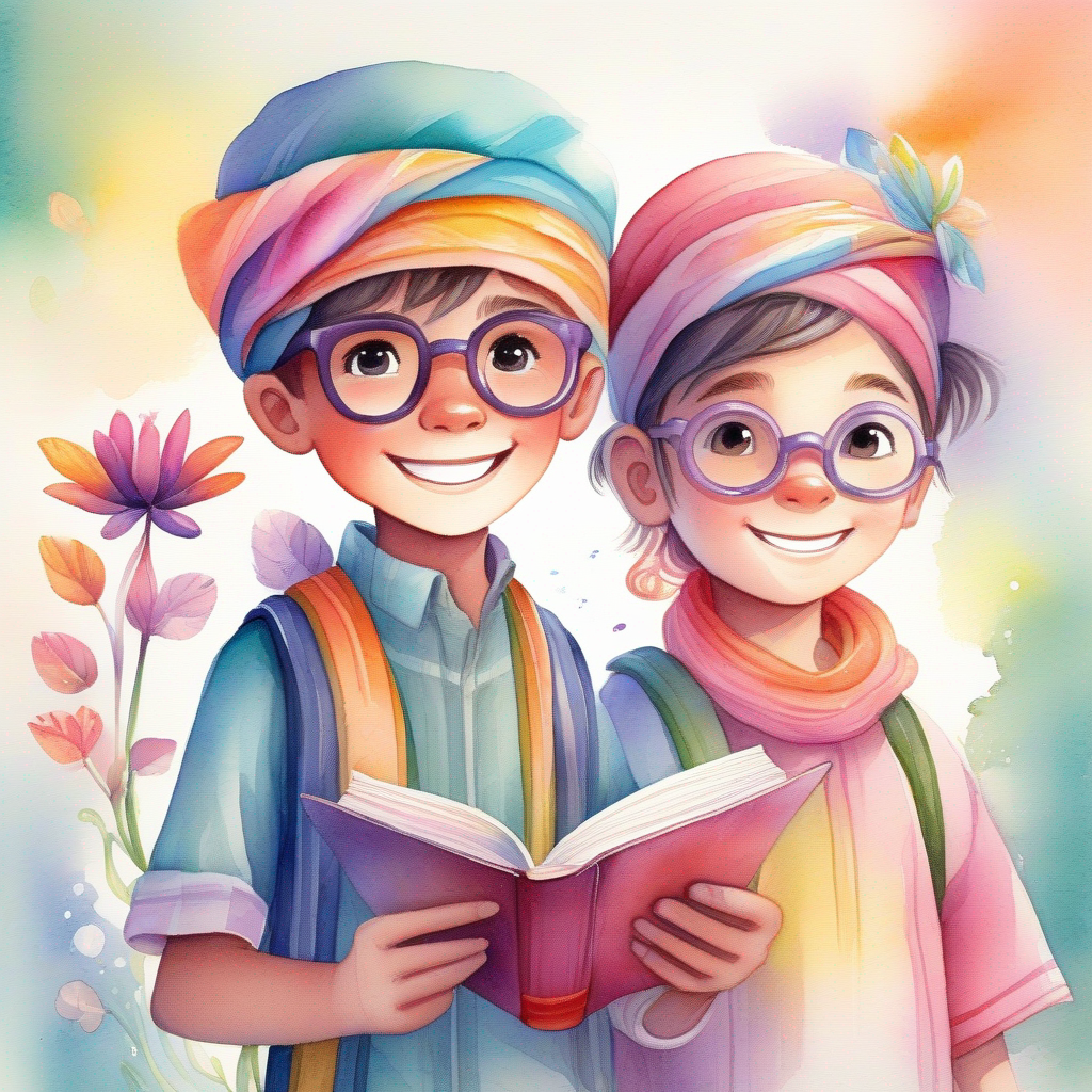 Curious boy wearing a colorful turban and a brave smile, Adventurous girl with two long braids and a mischievous grin, and Intelligent boy wearing round glasses and holding a book finding the shimmering mystical flower