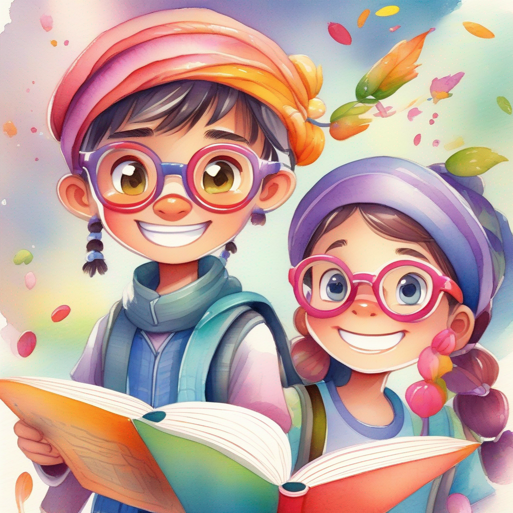 Curious boy wearing a colorful turban and a brave smile distracting the monsters while Adventurous girl with two long braids and a mischievous grin and Intelligent boy wearing round glasses and holding a book sprinkle petals