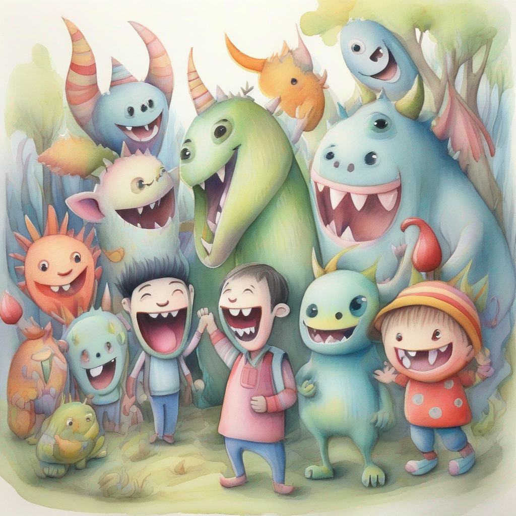 Villagers and monsters laughing and helping each other