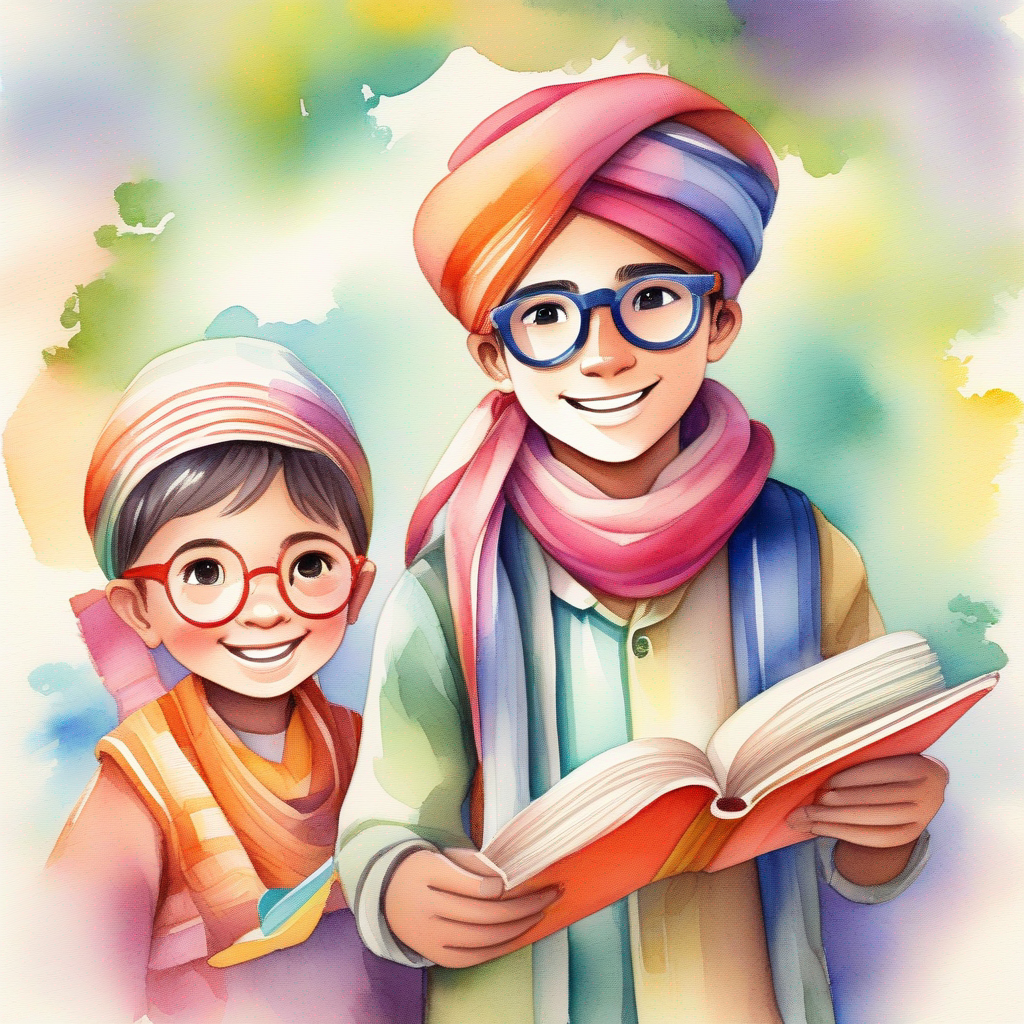 Curious boy wearing a colorful turban and a brave smile, Adventurous girl with two long braids and a mischievous grin, and Intelligent boy wearing round glasses and holding a book celebrated as heroes by the villagers