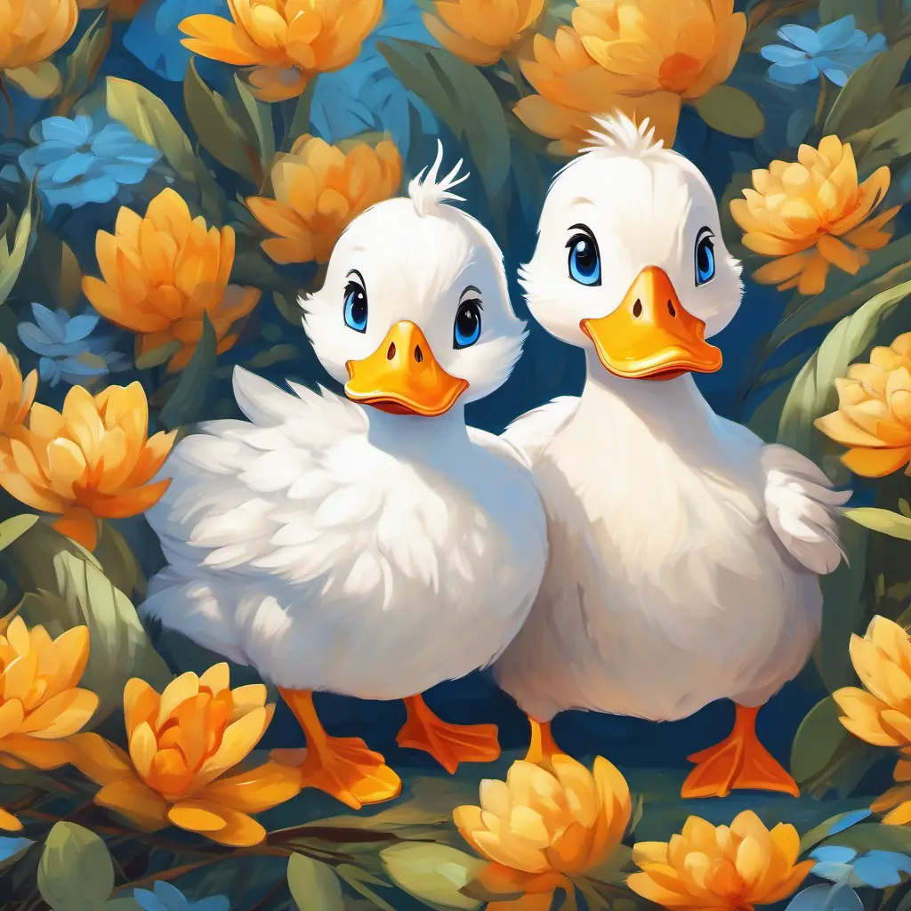 Yellow duck with bright orange beak and twinkling blue eyes and White chicken with fluffy feathers and curious brown eyes growing older together, cherishing their friendship